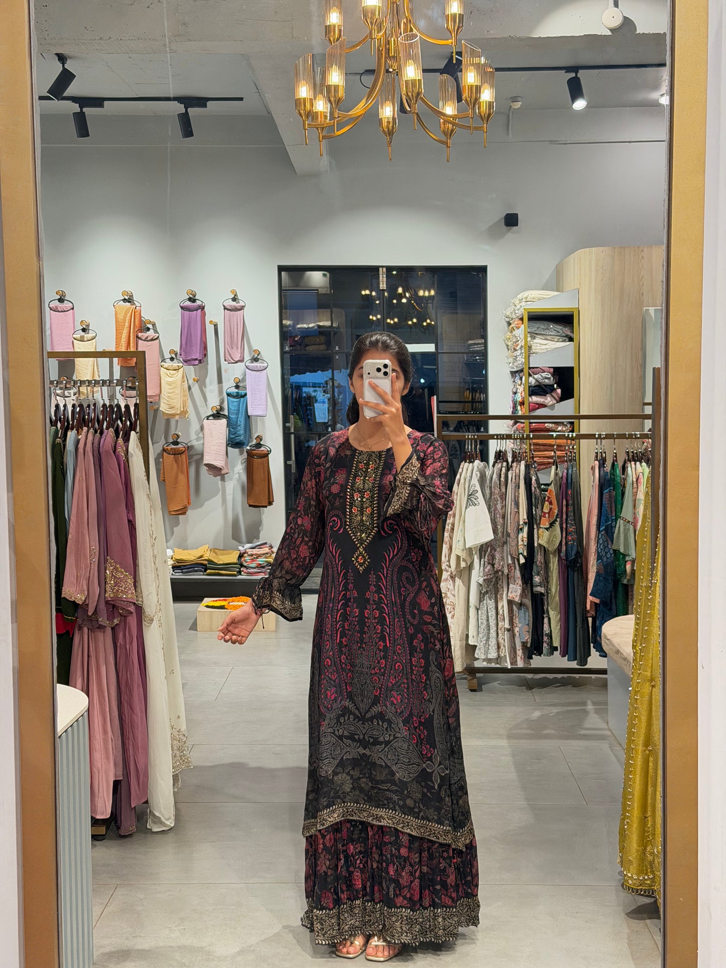 Black & Pink Floral Printed Chinnon gown