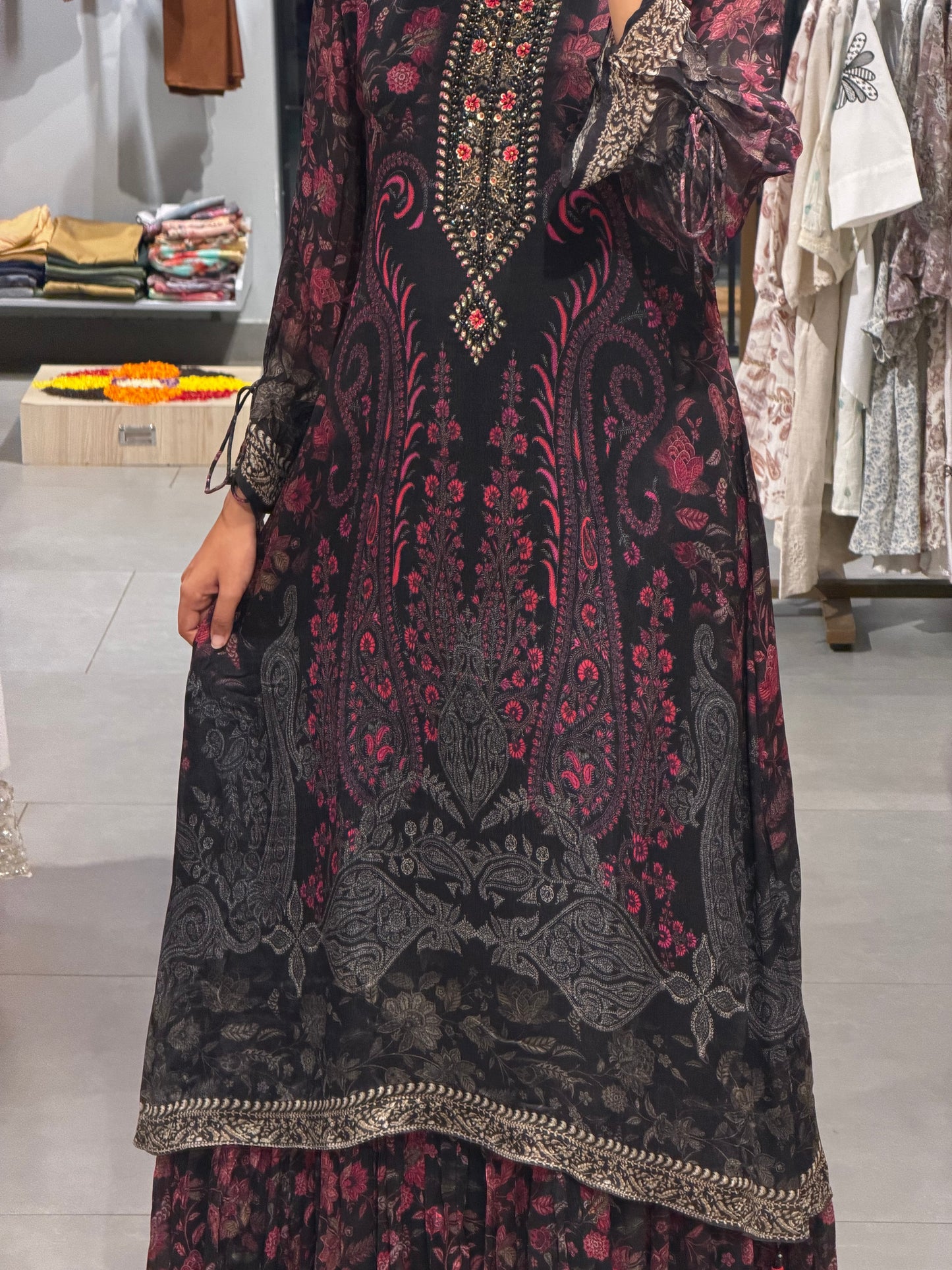 Black & Pink Floral Printed Chinnon gown