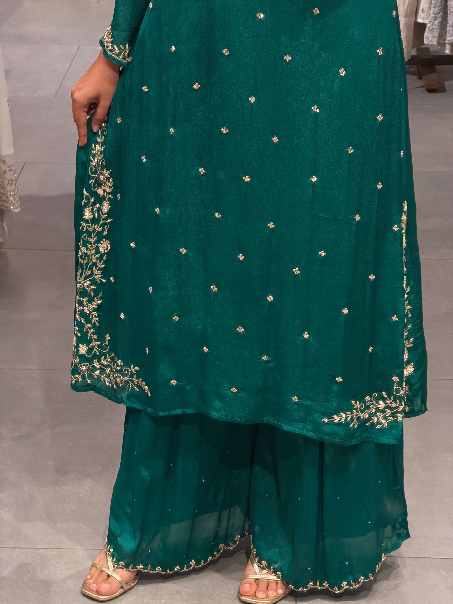 Teal Green Embroidered Chinnon Silk