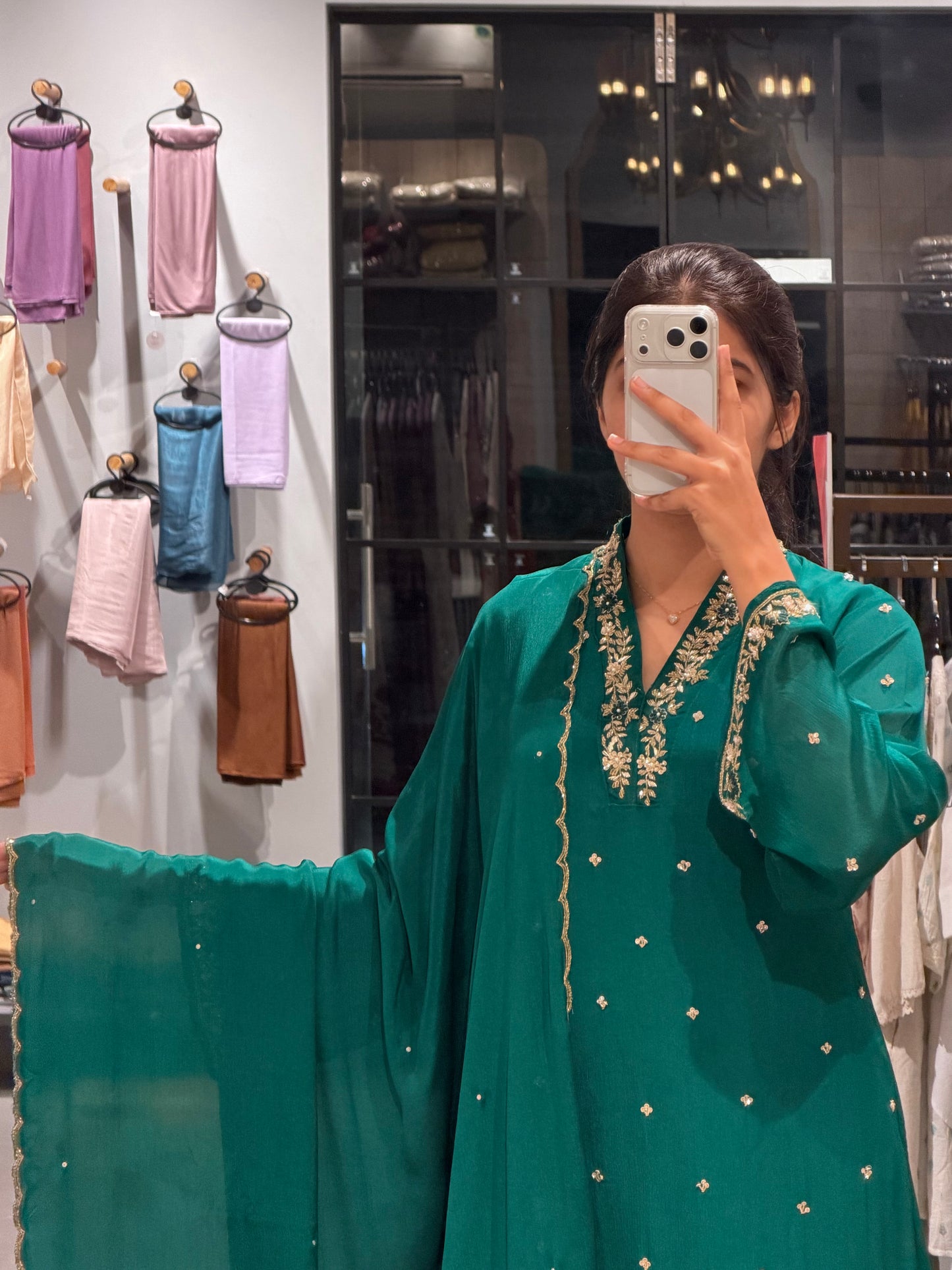 Teal Green Embroidered Chinnon Silk