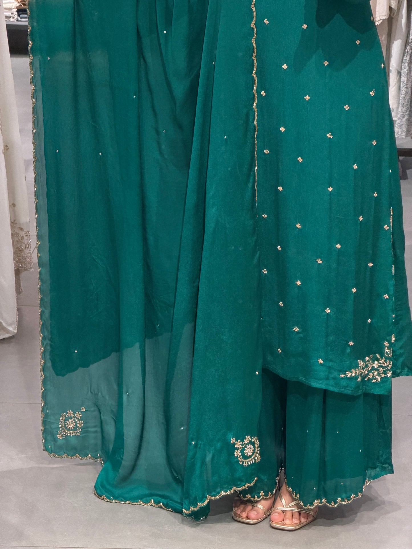 Teal Green Embroidered Chinnon Silk