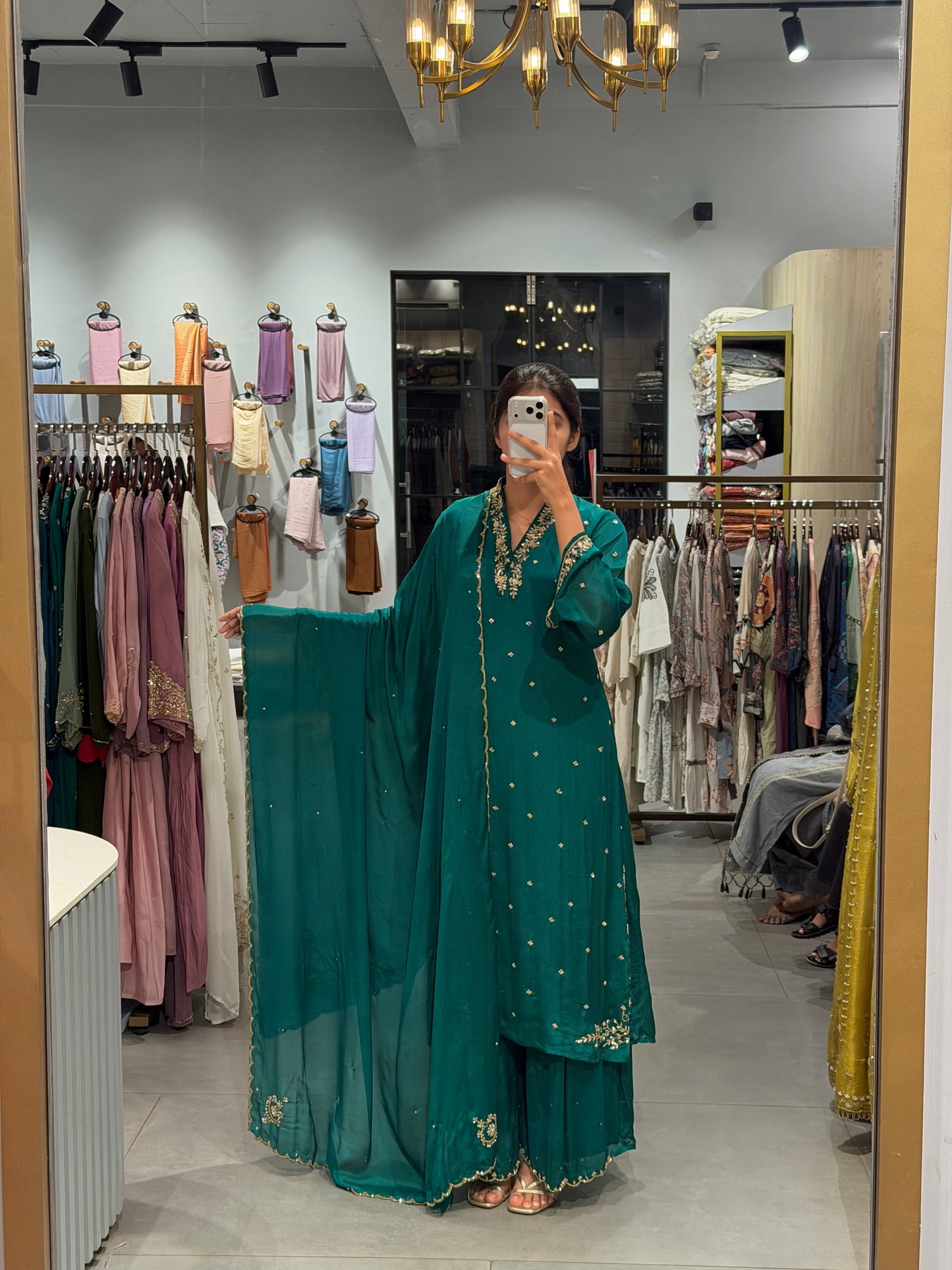 Teal Green Embroidered Chinnon Silk