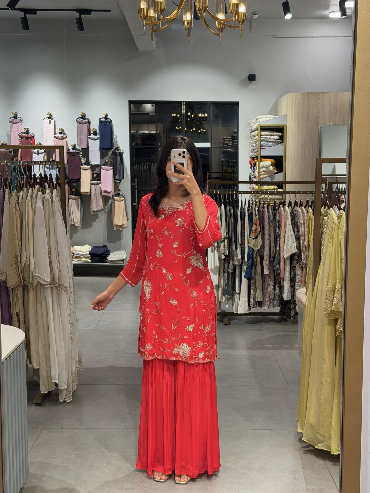 Bright Red Stonework Sharara Set