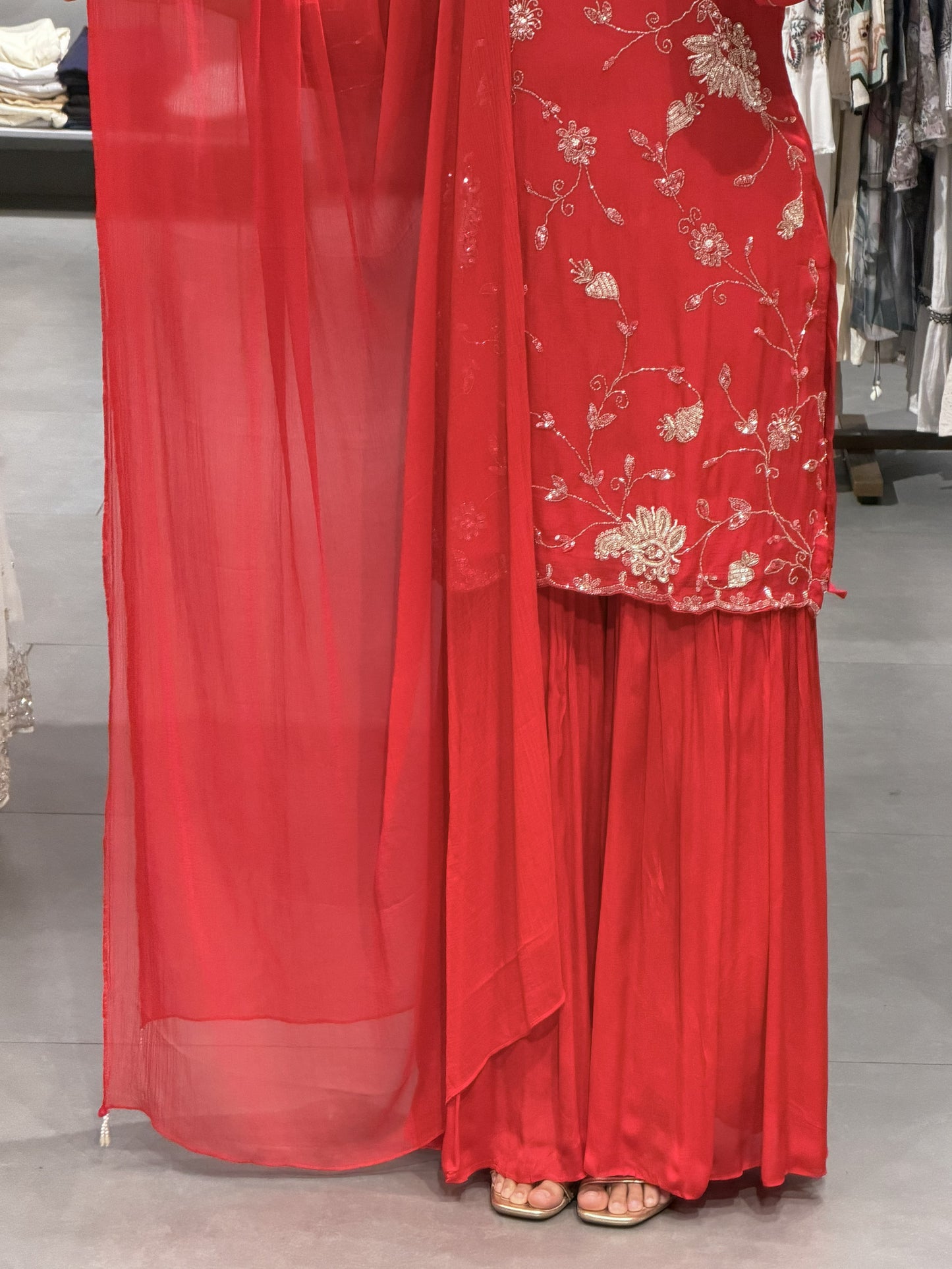 Bright Red Stonework Sharara Set