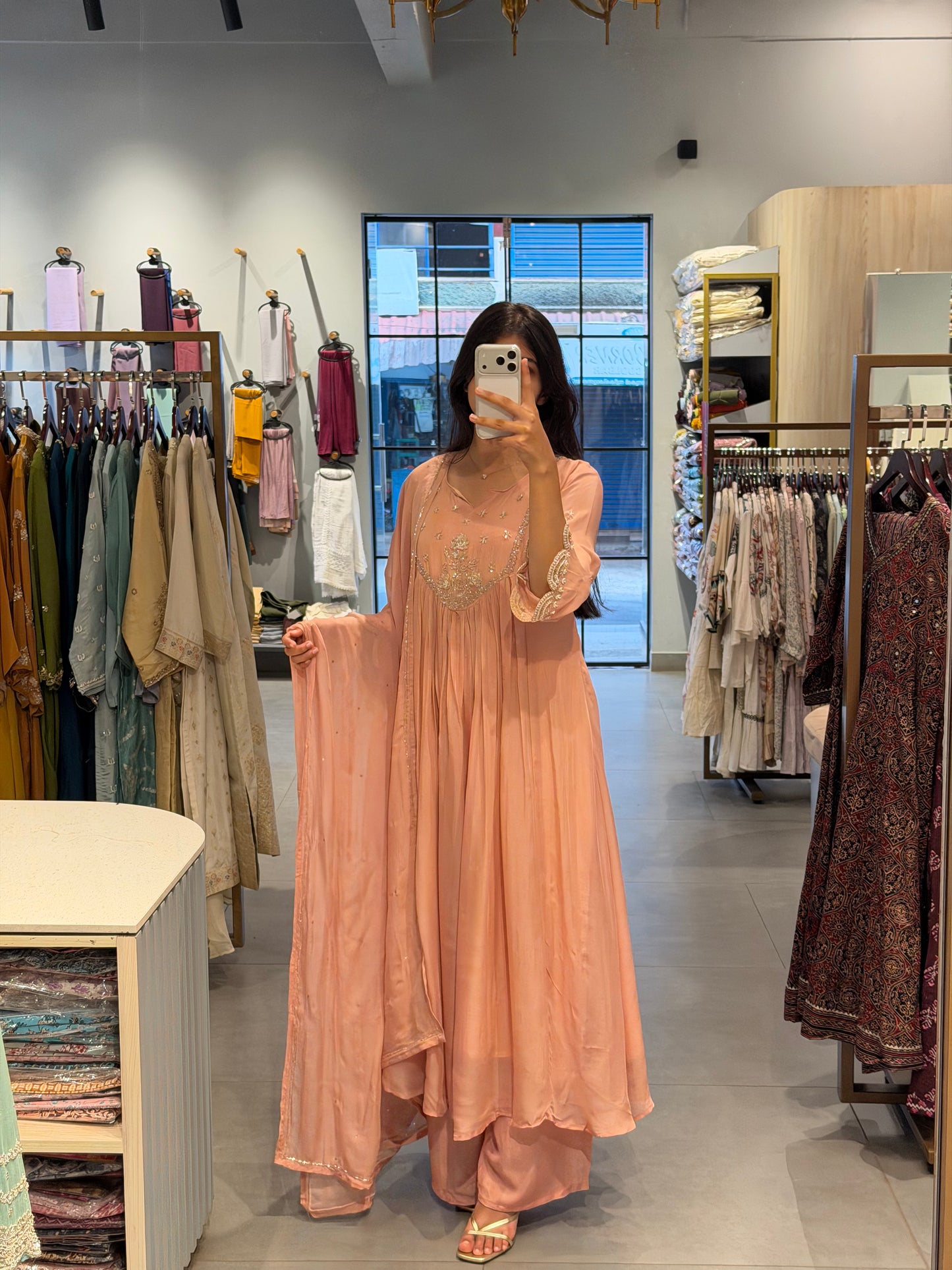 Peach Elegance Organza Anarkali Set