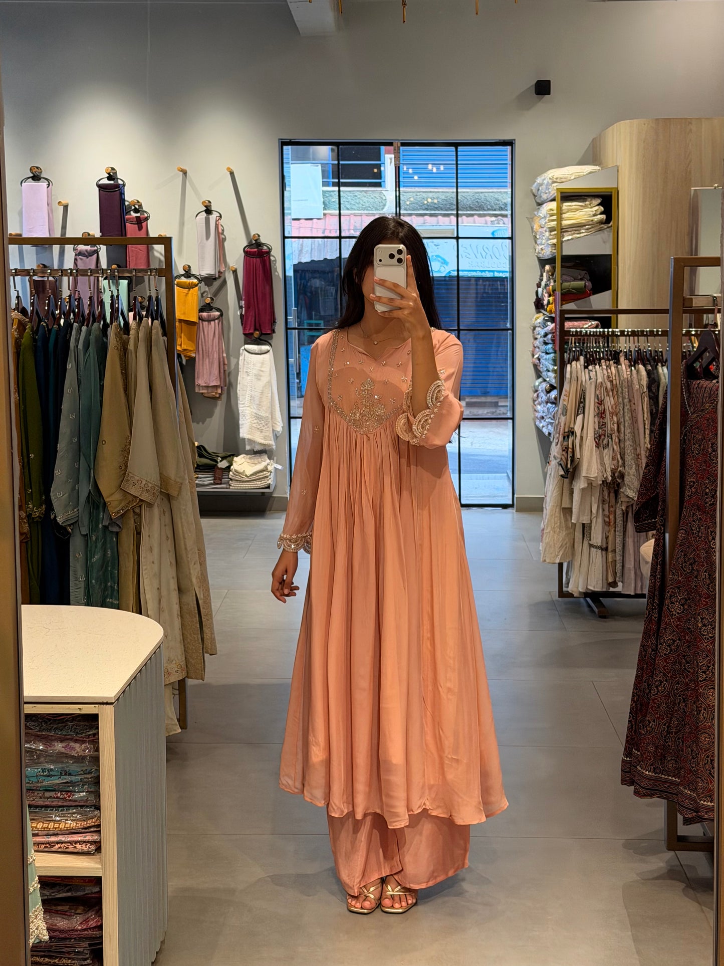 Peach Elegance Organza Anarkali Set