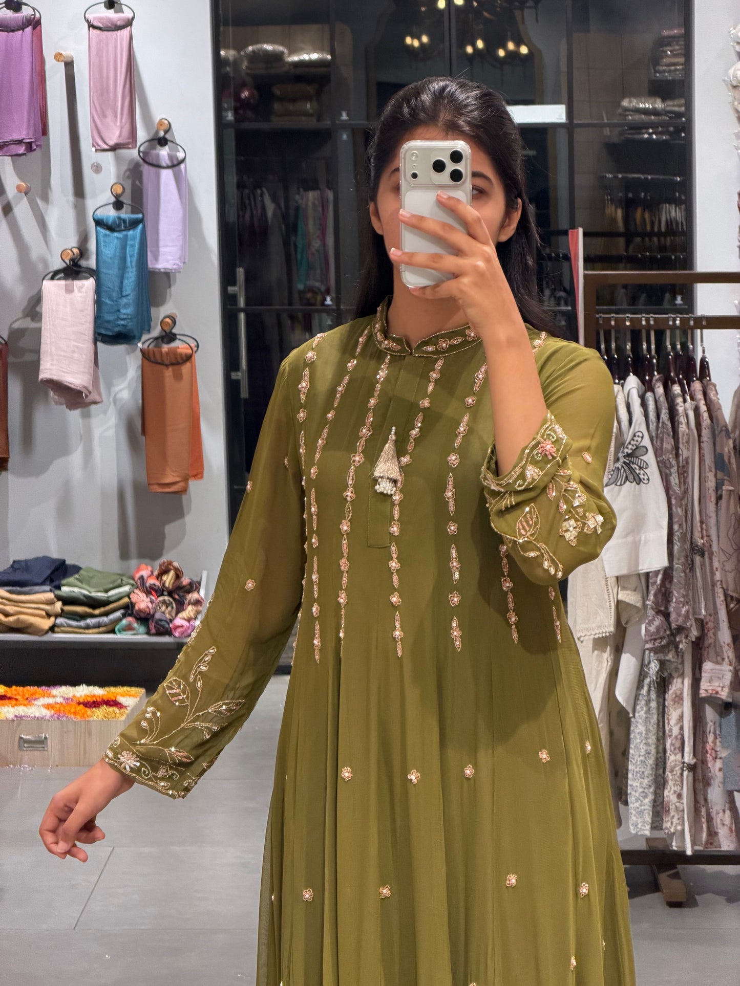 Olive Elegance in Viscose Georgette