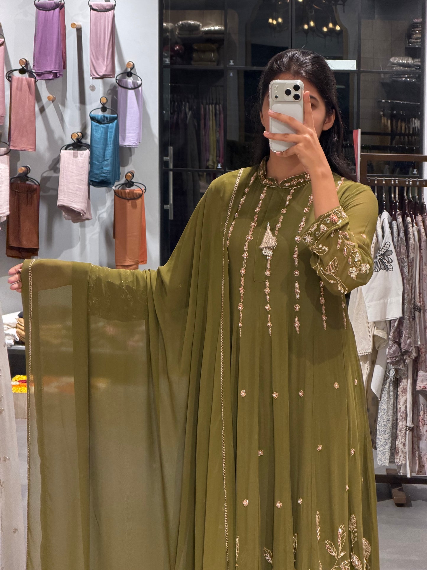 Olive Elegance in Viscose Georgette