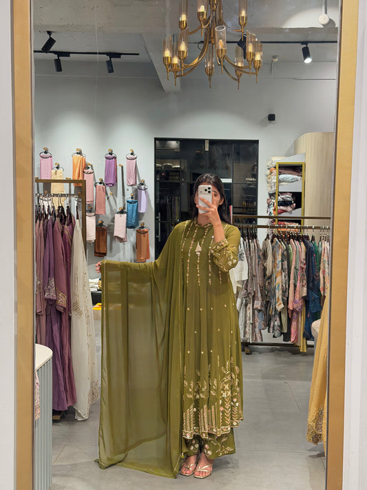 Olive Elegance in Viscose Georgette