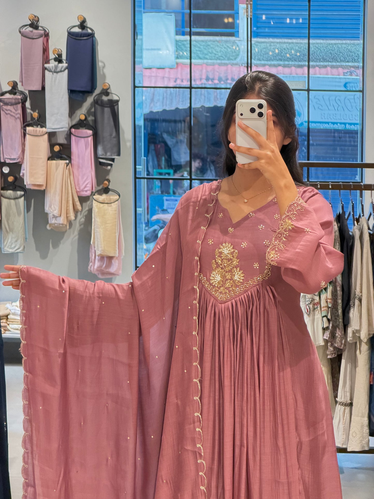 Rose Pink Mul Chanderi Anarkali Set
