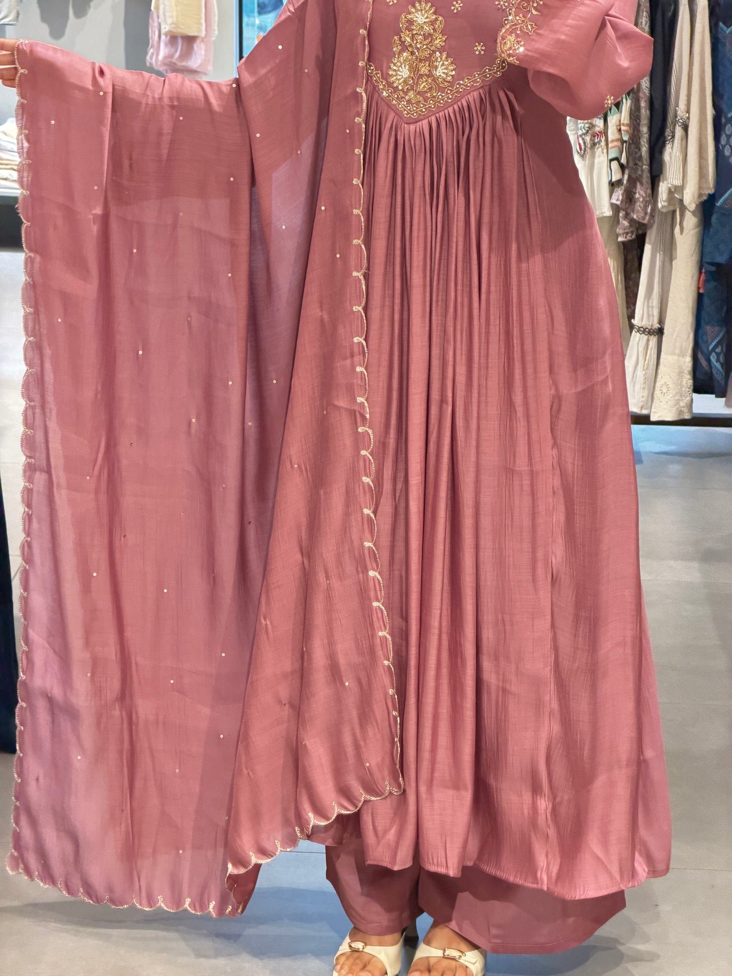 Rose Pink Mul Chanderi Anarkali Set