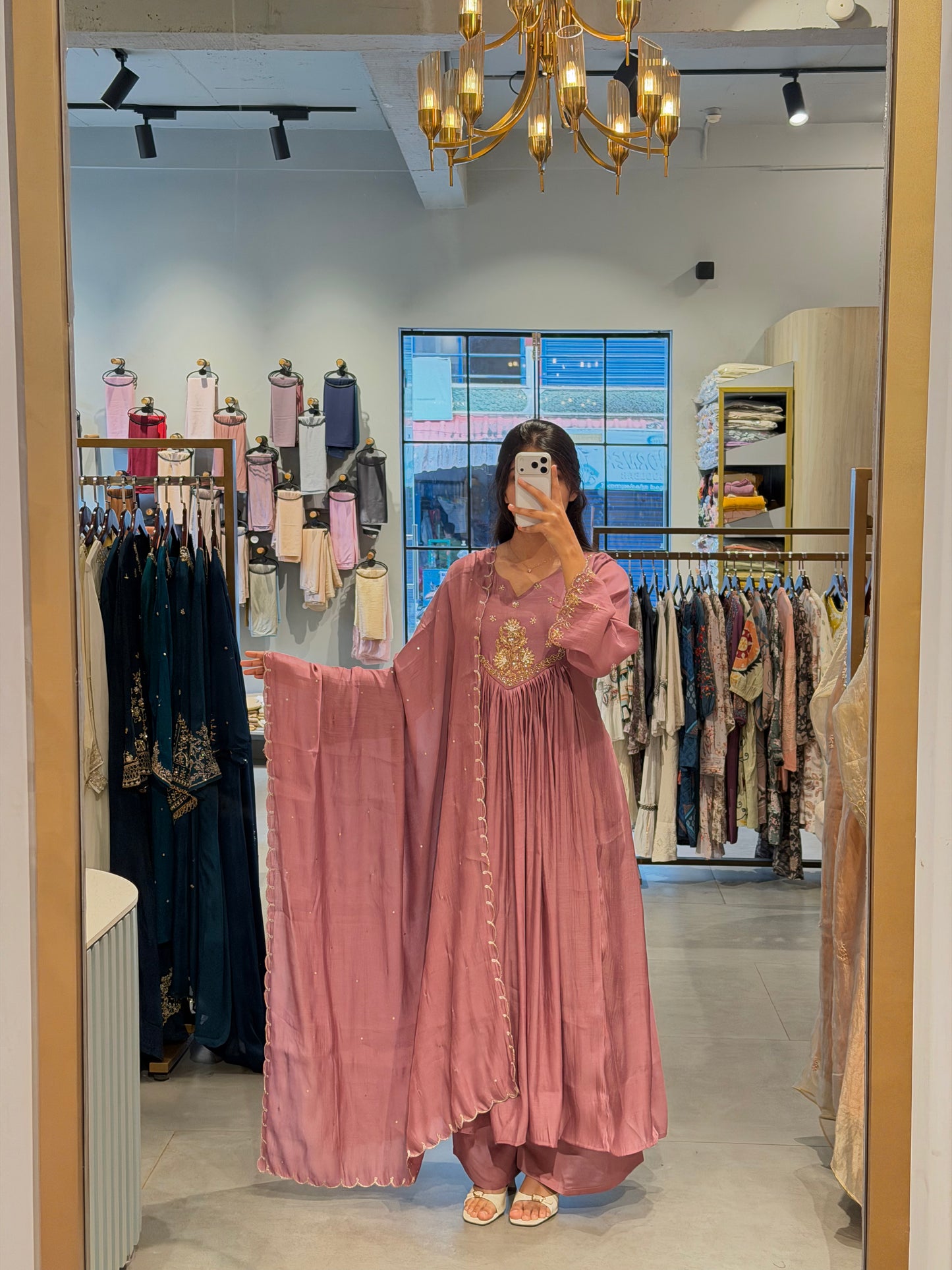 Rose Pink Mul Chanderi Anarkali Set