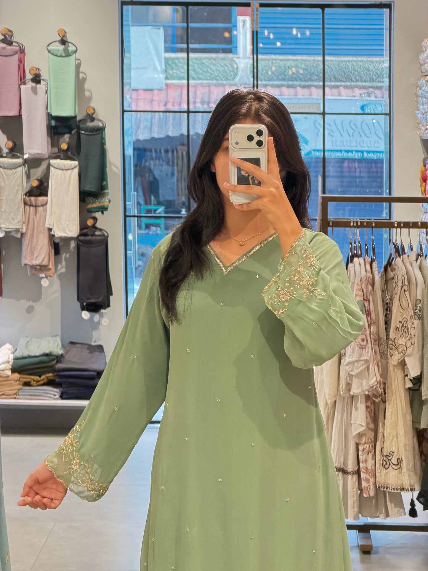 Pastel Green Embroidered Chiffon Anarkali set