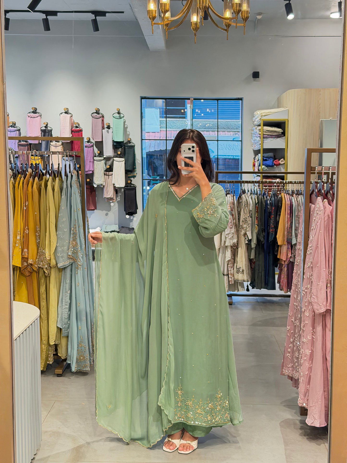 Pastel Green Embroidered Chiffon Anarkali set