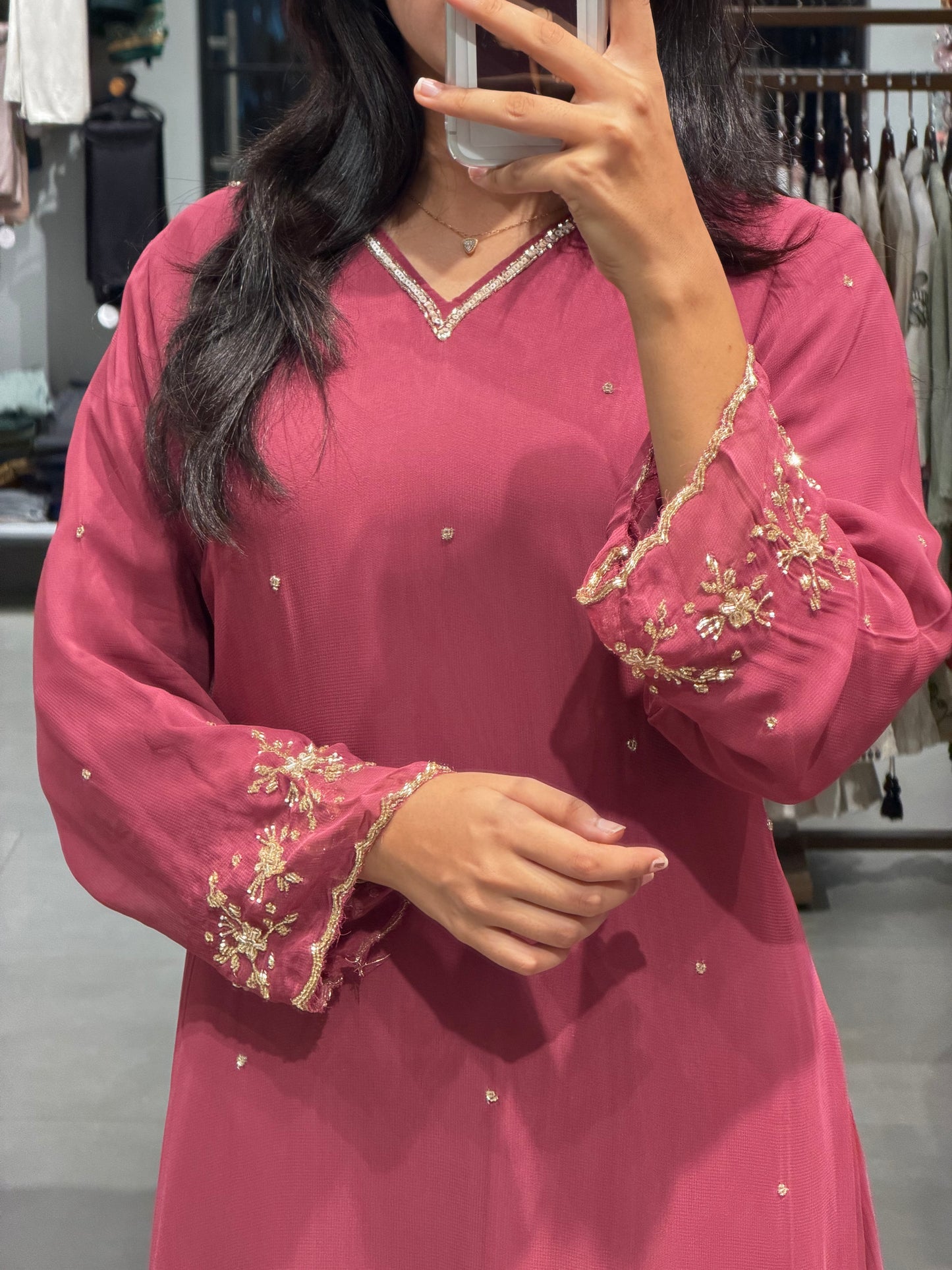 Rain Pink Embroidered Chiffon Anarkali Set