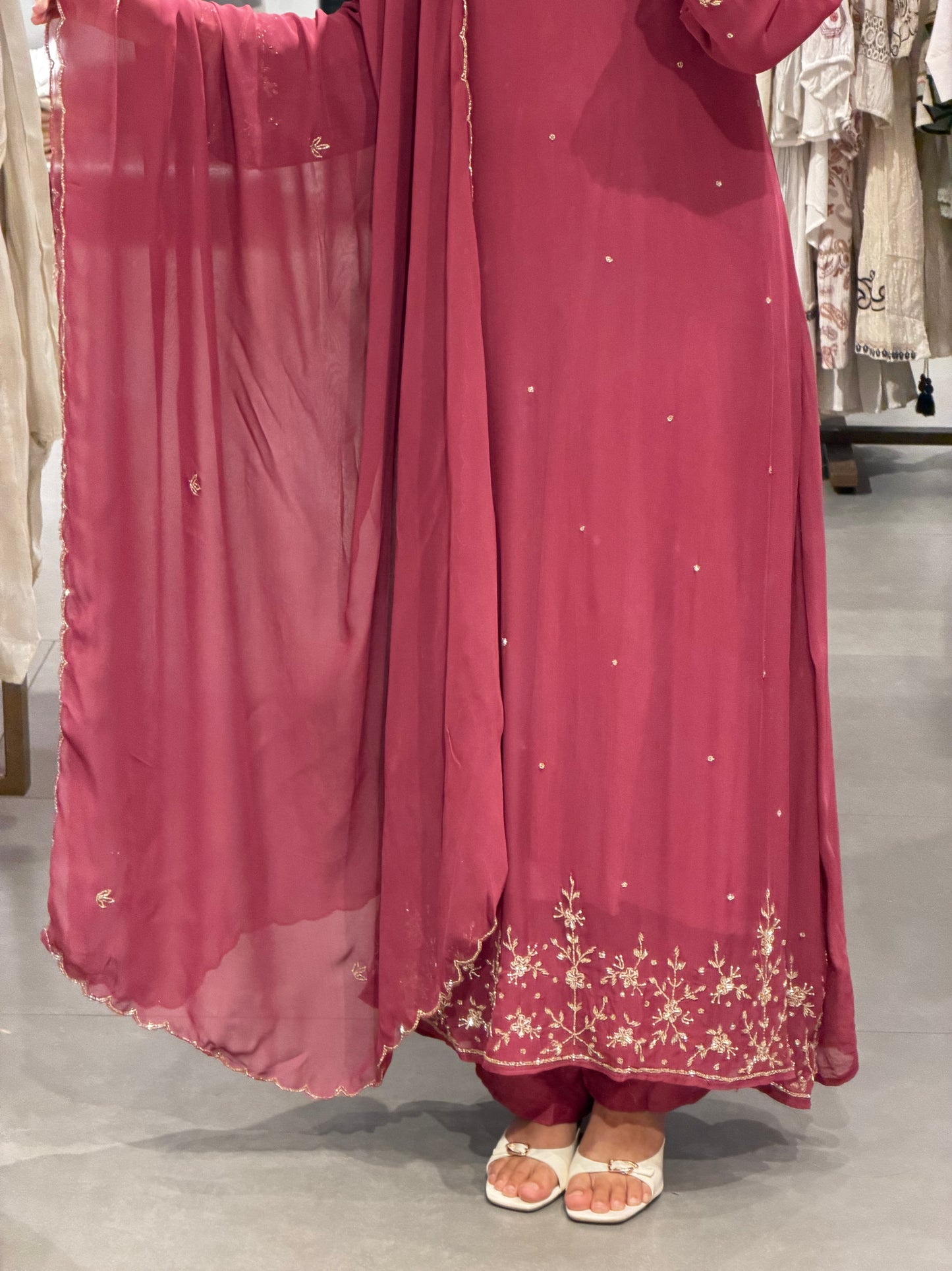 Rain Pink Embroidered Chiffon Anarkali Set