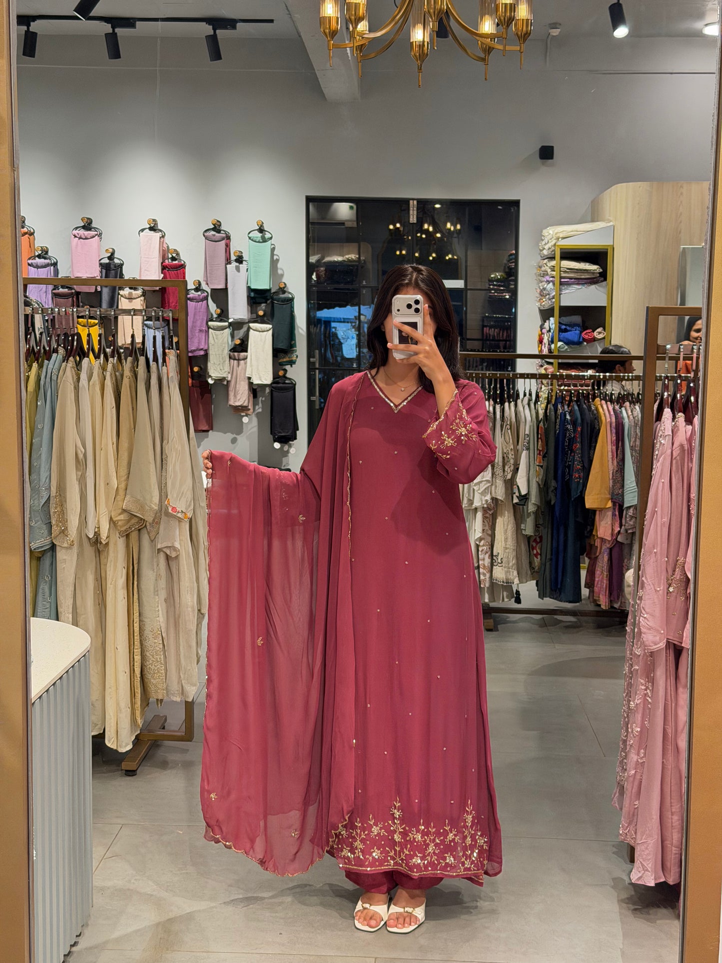 Rain Pink Embroidered Chiffon Anarkali Set