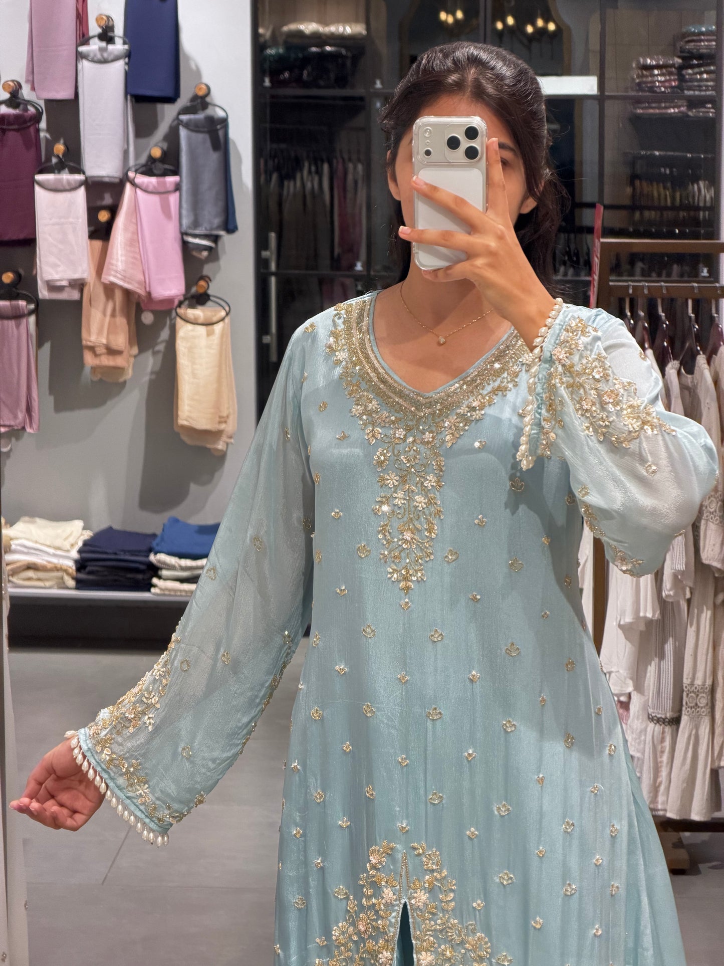 Pastel Blue Gold Embroidered Chinnon Silk frond sil party wear