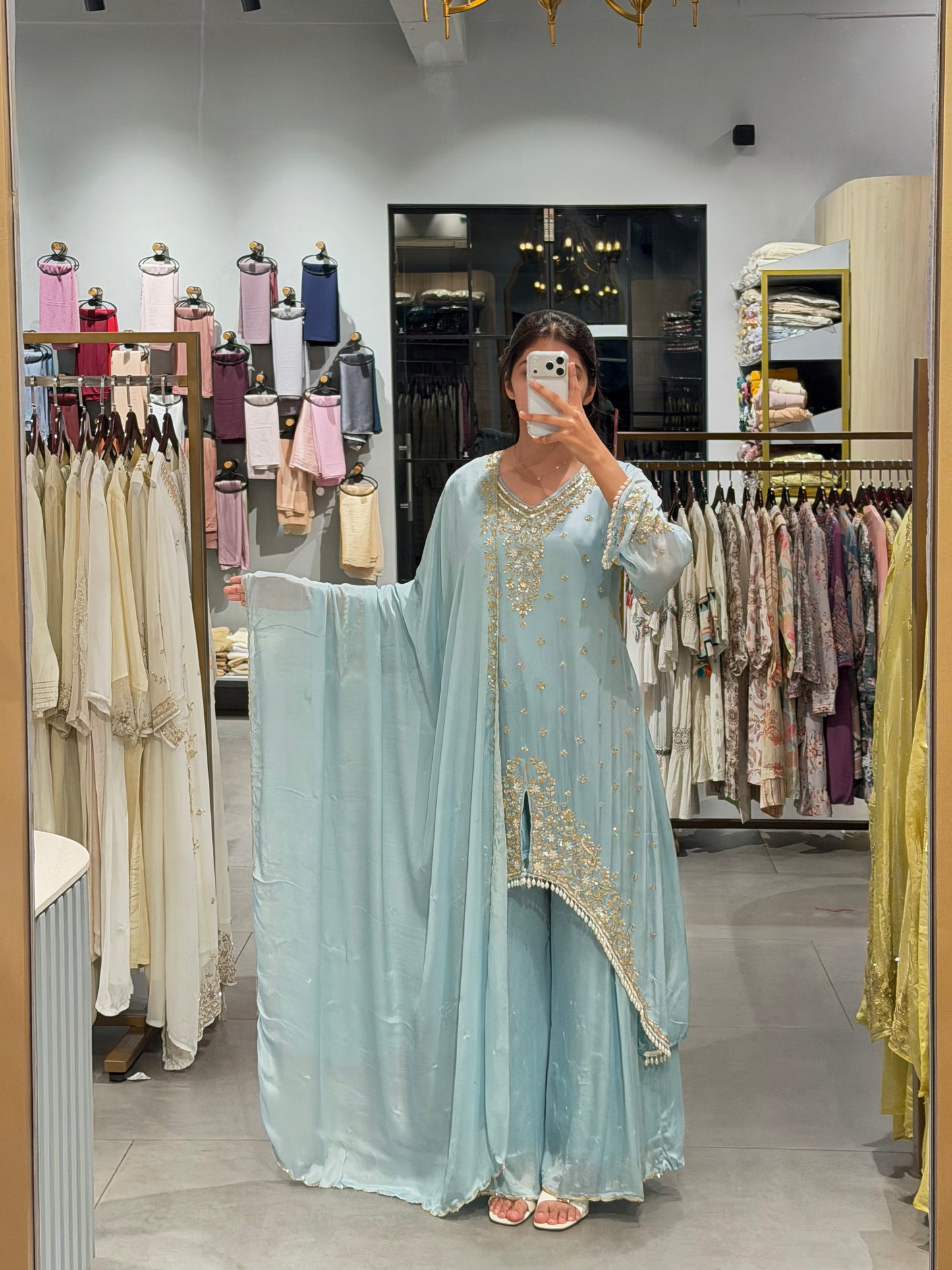 Pastel Blue Gold Embroidered Chinnon Silk frond sil party wear