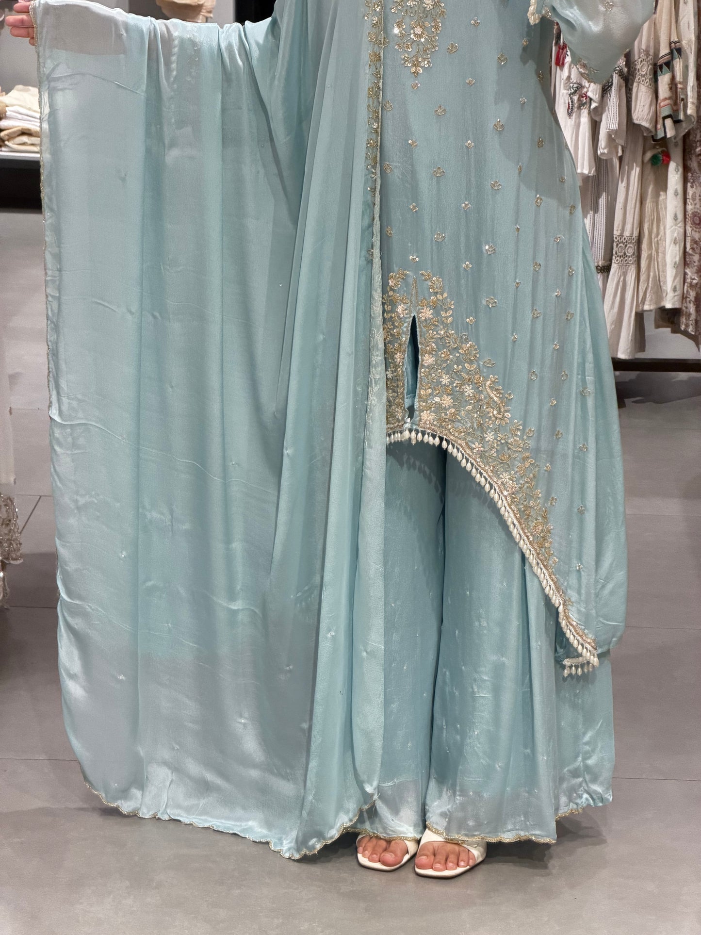 Pastel Blue Gold Embroidered Chinnon Silk frond sil party wear