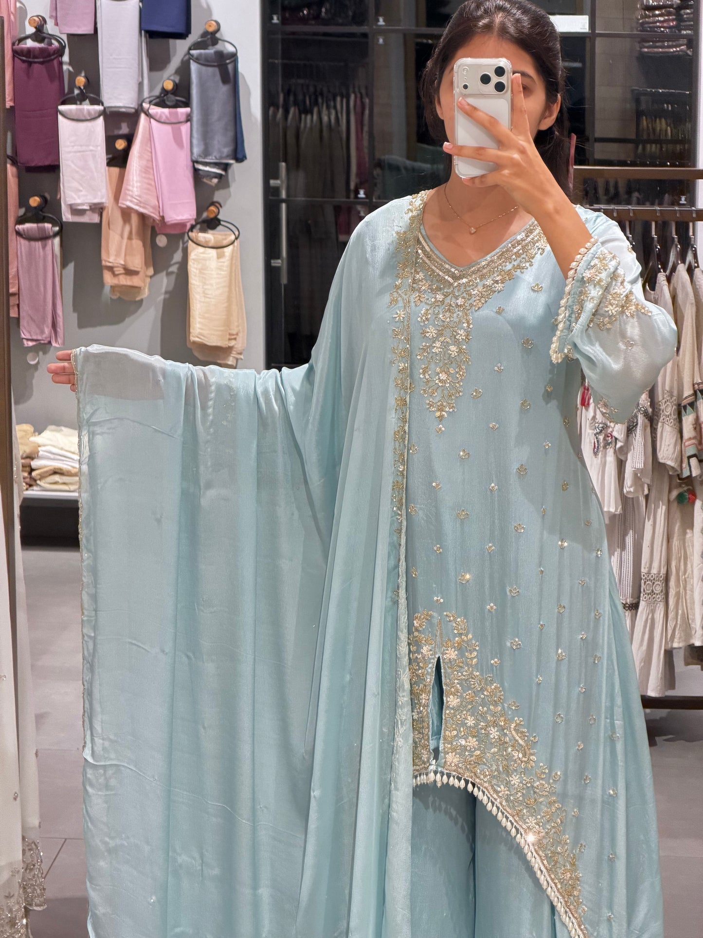 Pastel Blue Gold Embroidered Chinnon Silk frond sil party wear