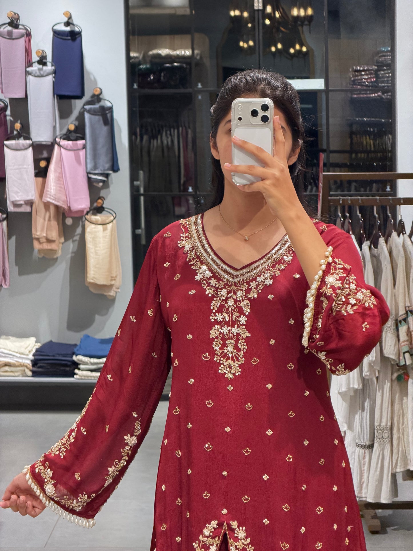 Maroon Embroidered Chinnon Silk frond sil party waer