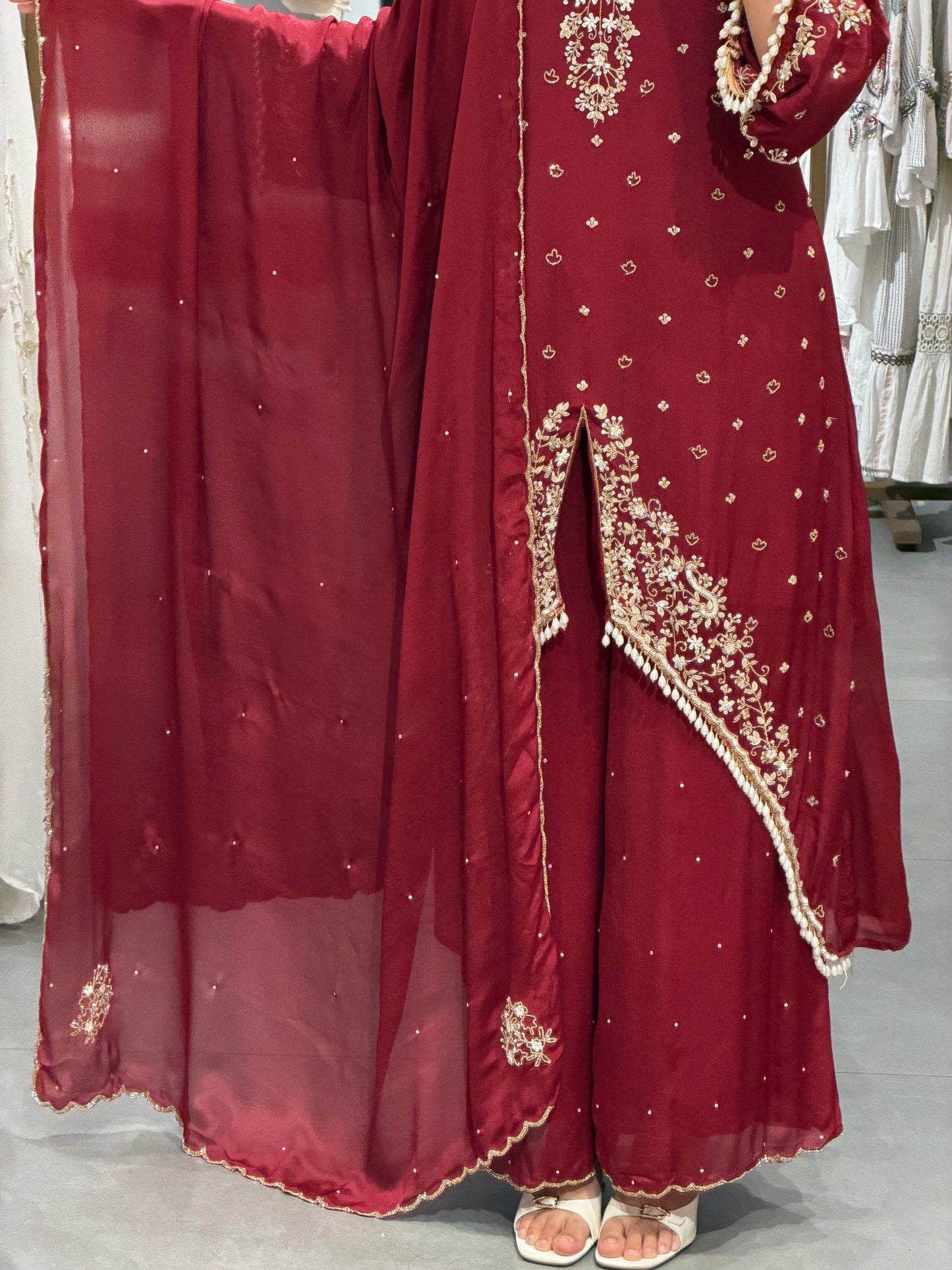 Maroon Embroidered Chinnon Silk frond sil party waer