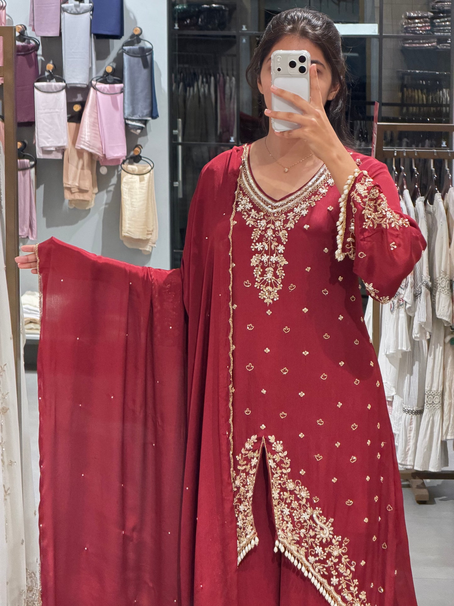 Maroon Embroidered Chinnon Silk frond sil party waer