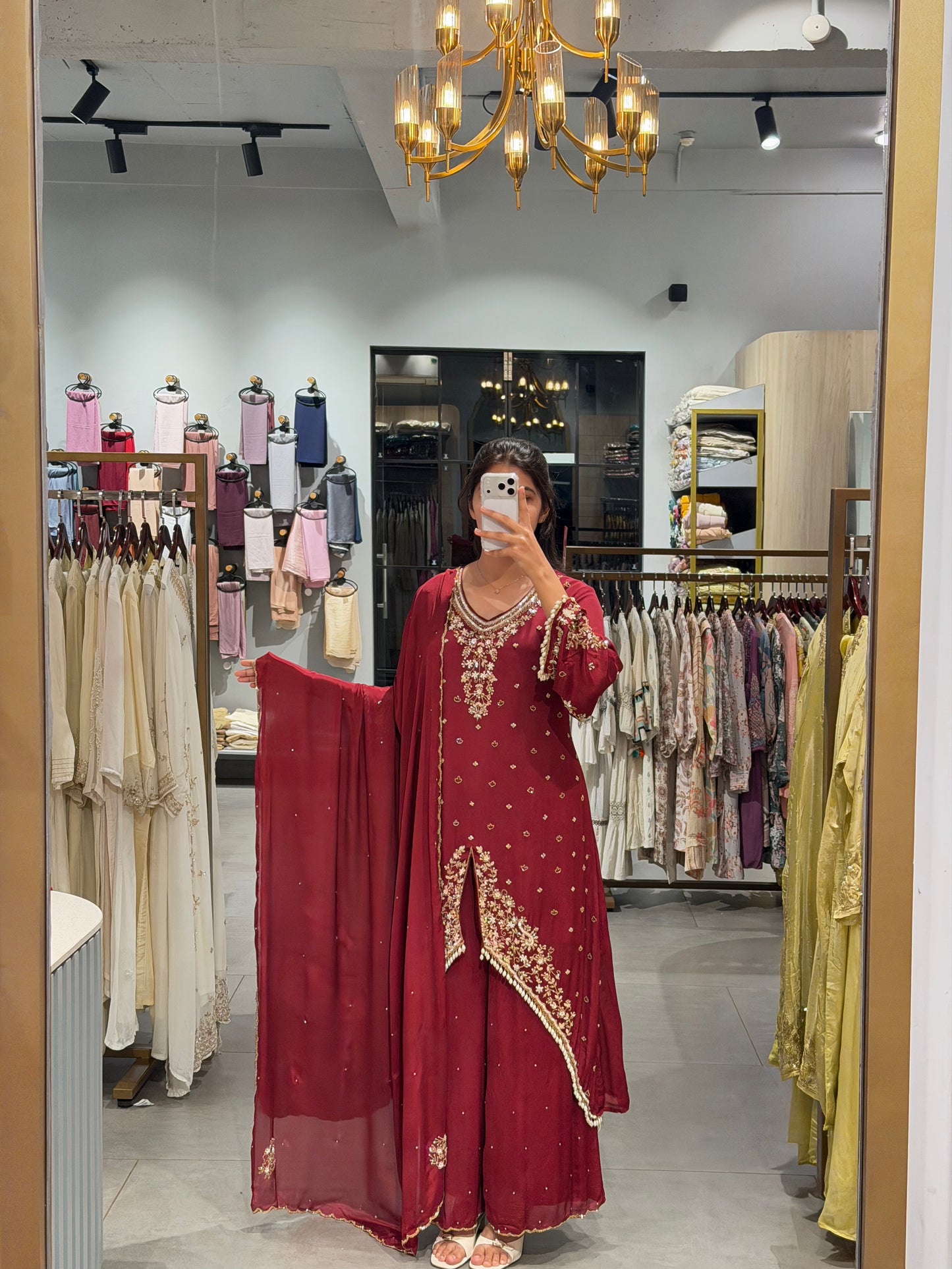 Maroon Embroidered Chinnon Silk frond sil party waer