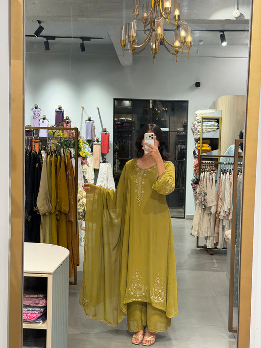 Olive Green Embroidered Georgette