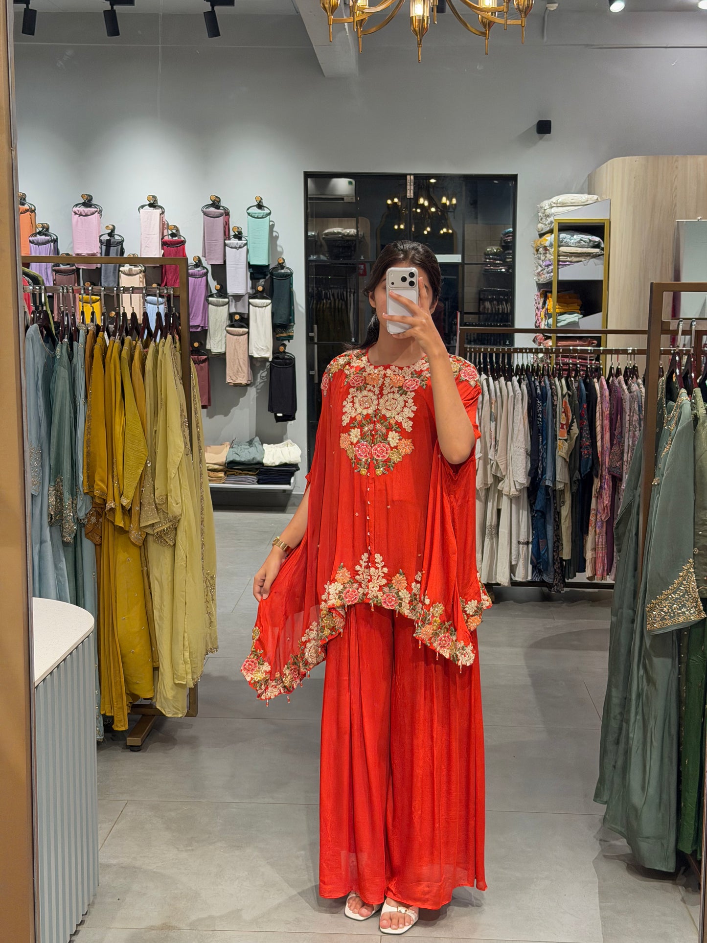 Coral Red Floral Chinnon Silk Elegance