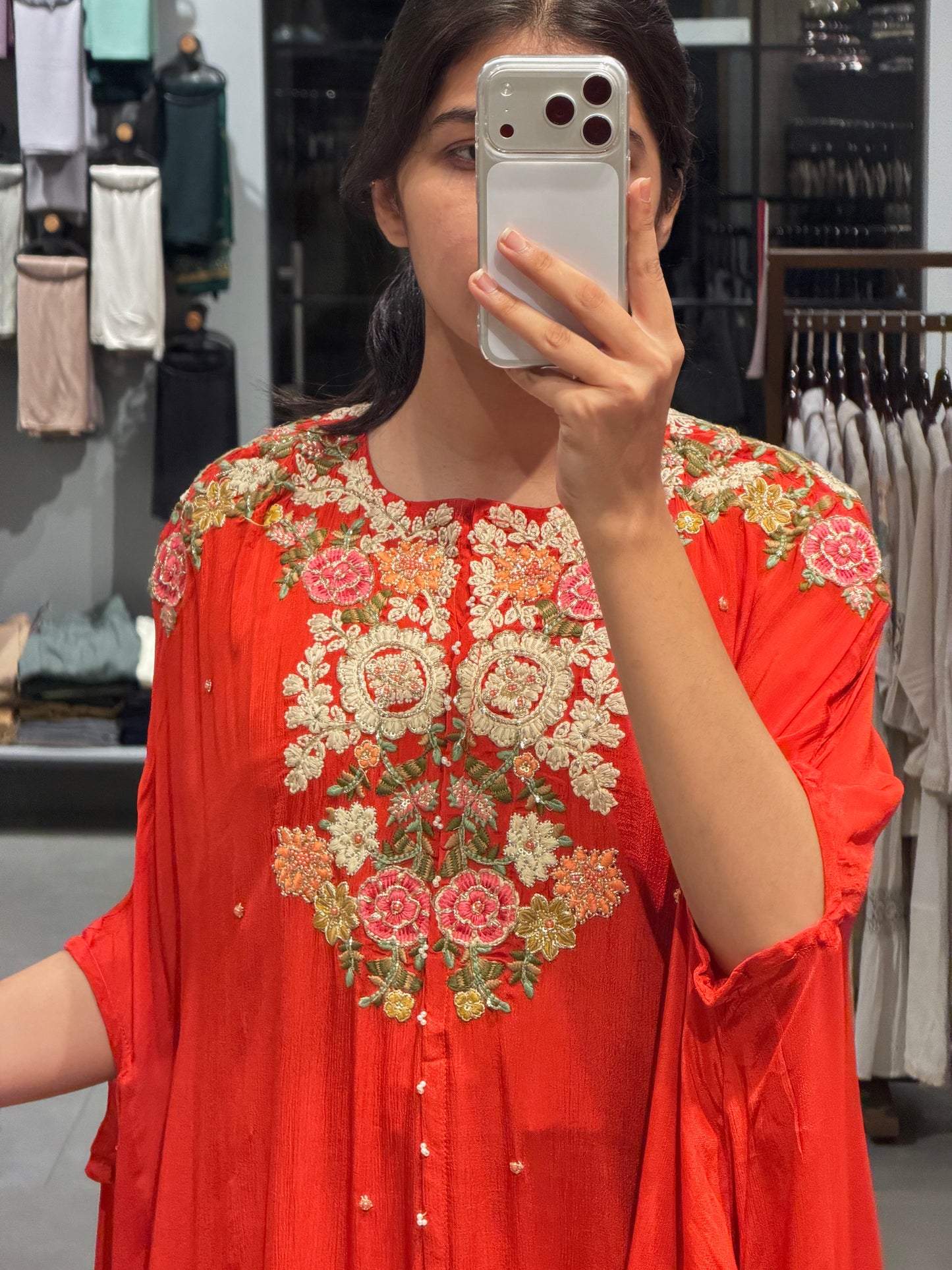 Coral Red Floral Chinnon Silk Elegance