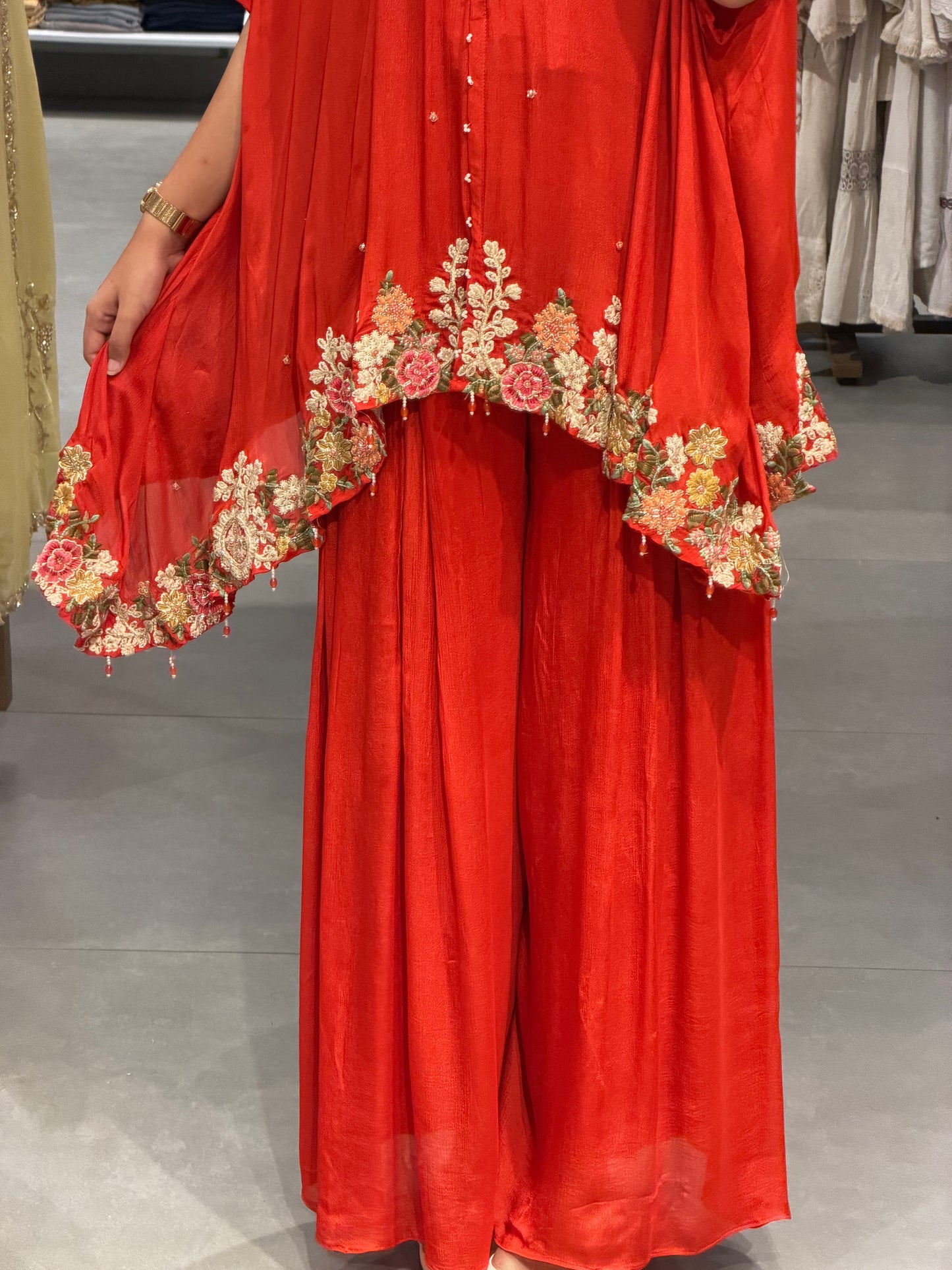 Coral Red Floral Chinnon Silk Elegance