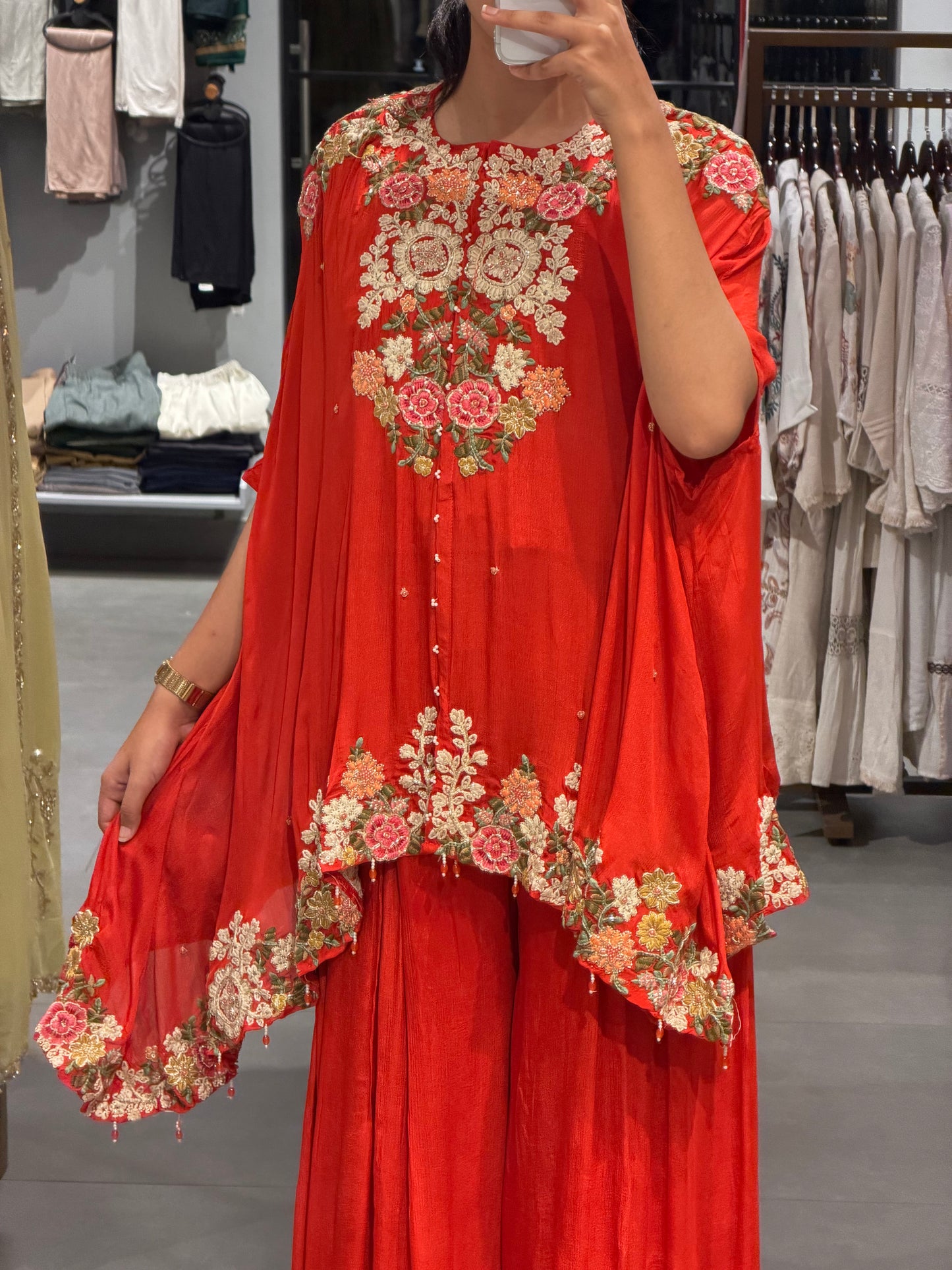 Coral Red Floral Chinnon Silk Elegance
