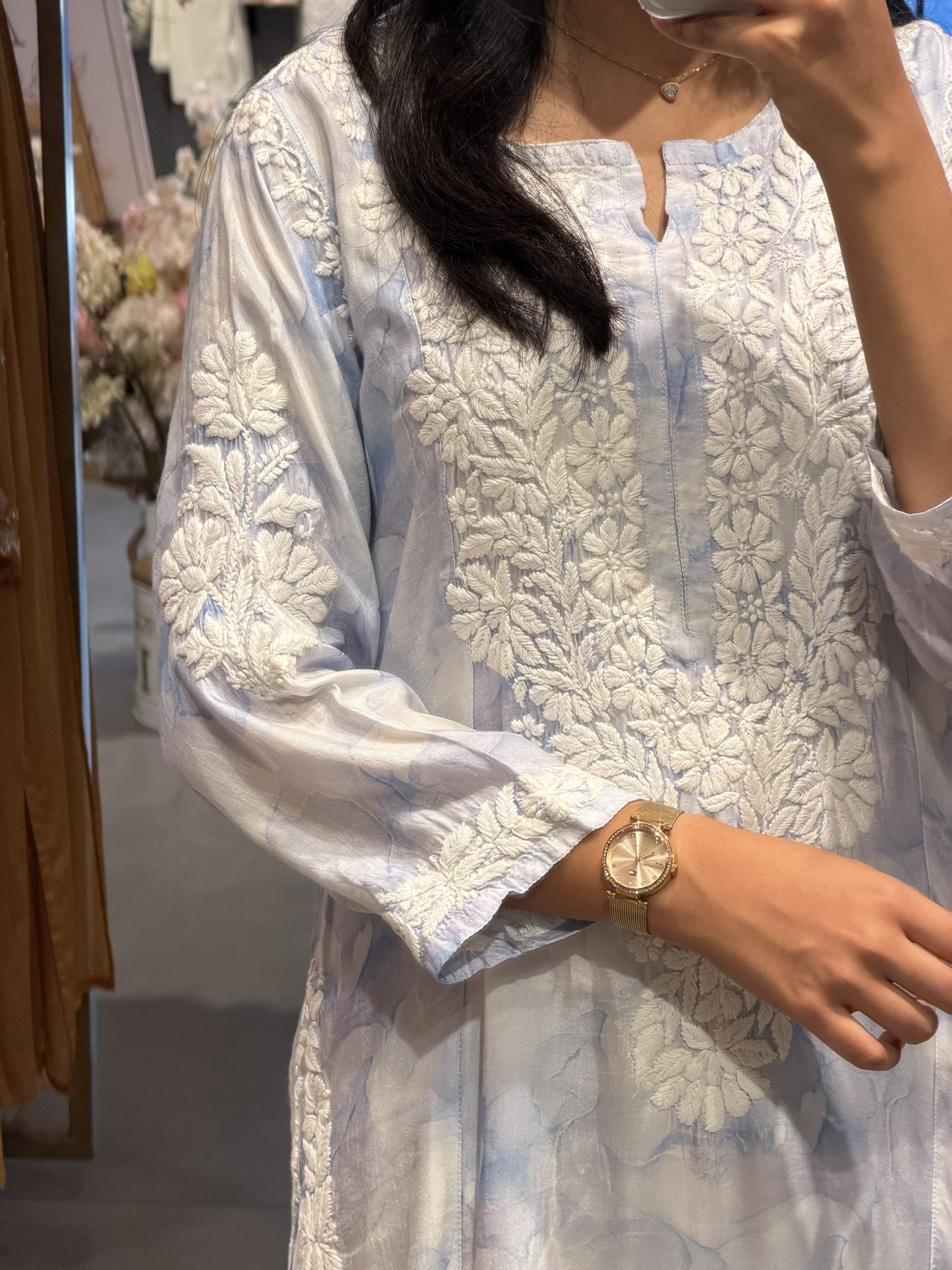 Pastel Sky Blue Modal Silk Chikankari Top
