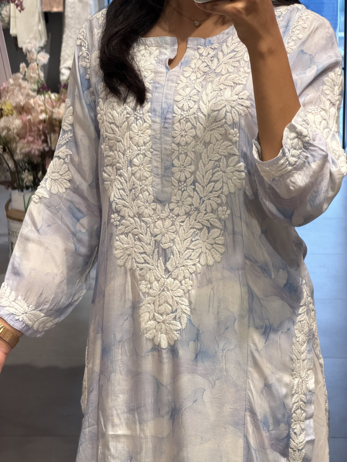 Pastel Sky Blue Modal Silk Chikankari Top