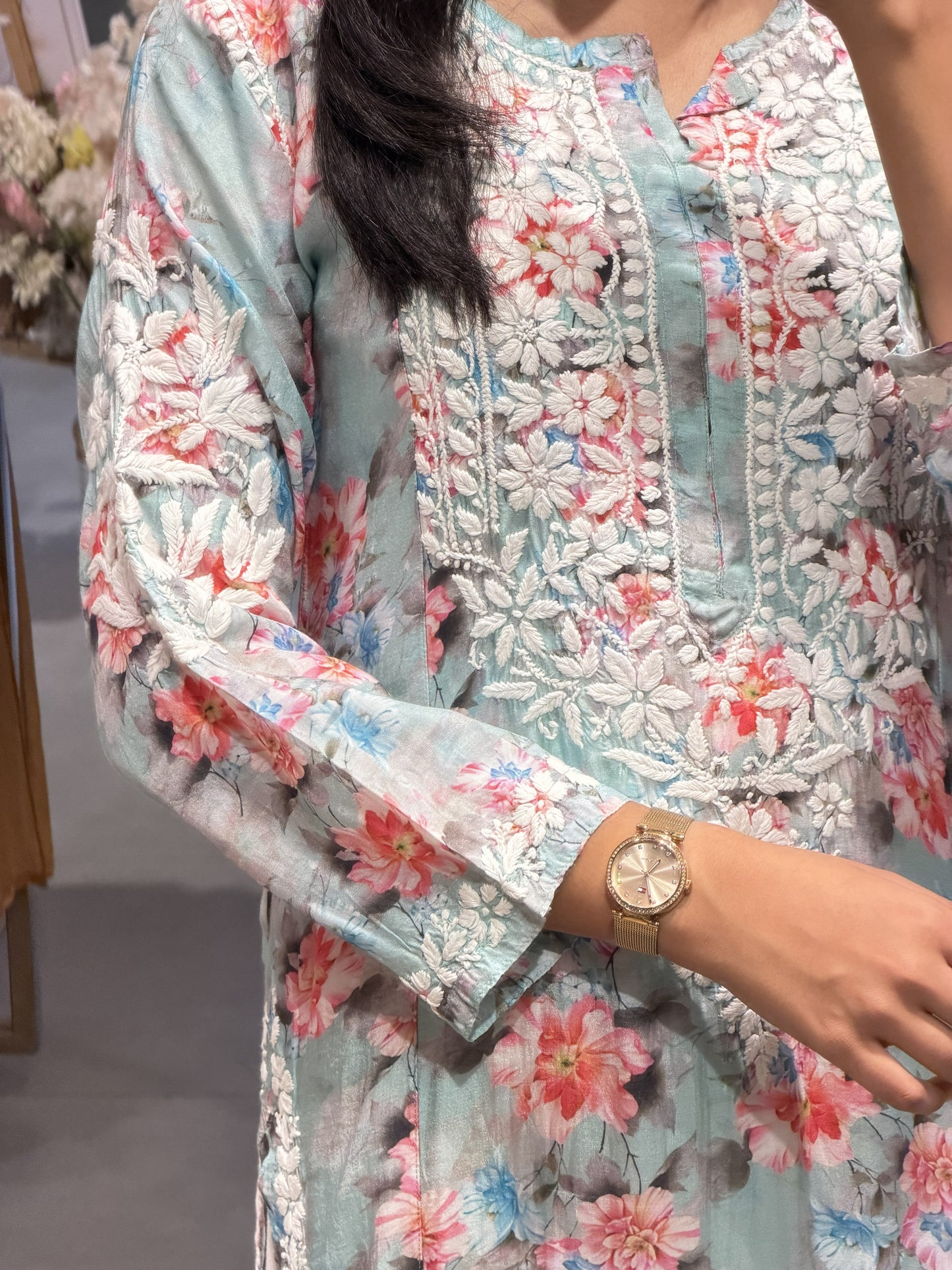 Pastel Aqua Blue Chikankari Modal Silk Top