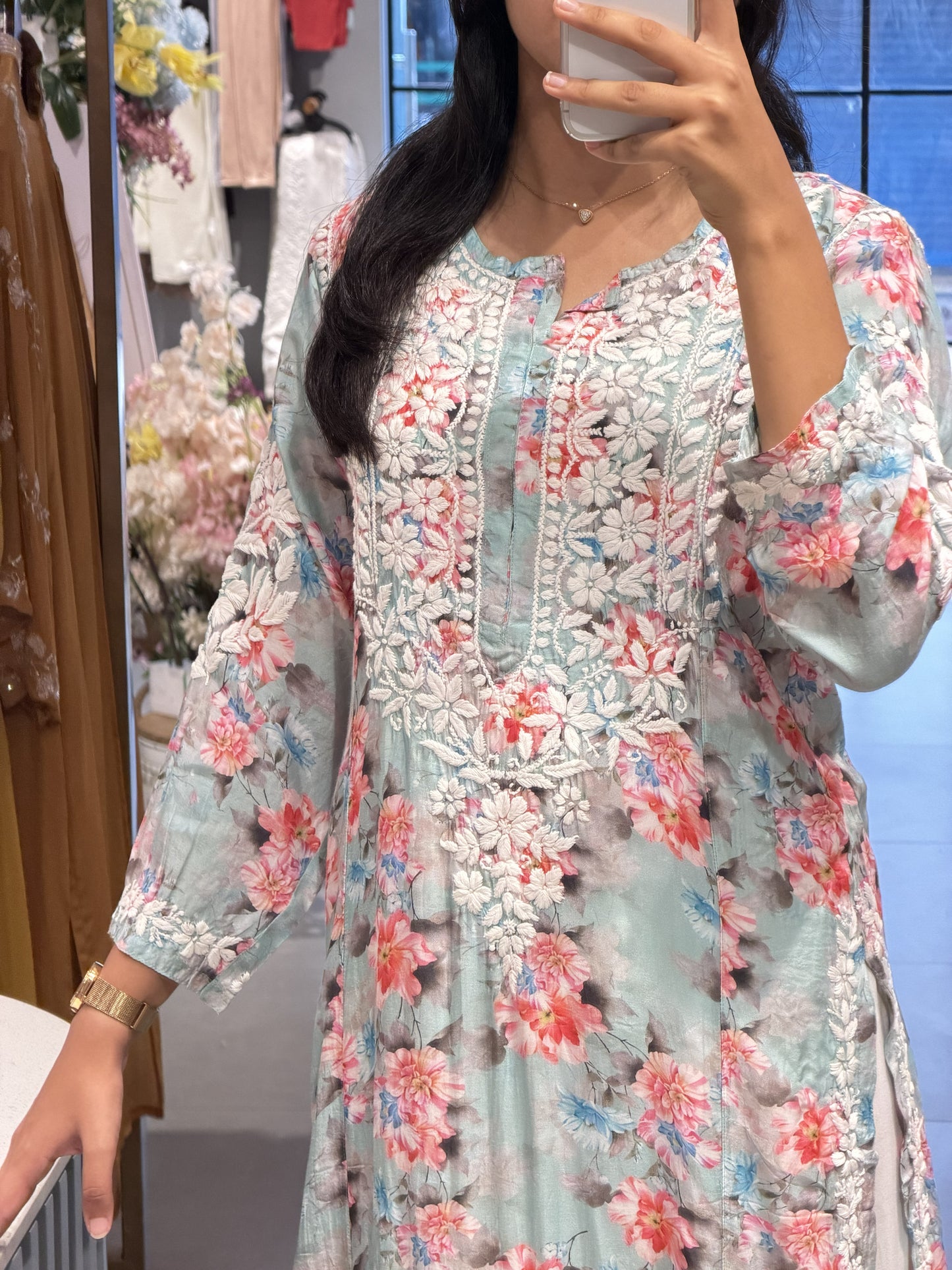 Pastel Aqua Blue Chikankari Modal Silk Top