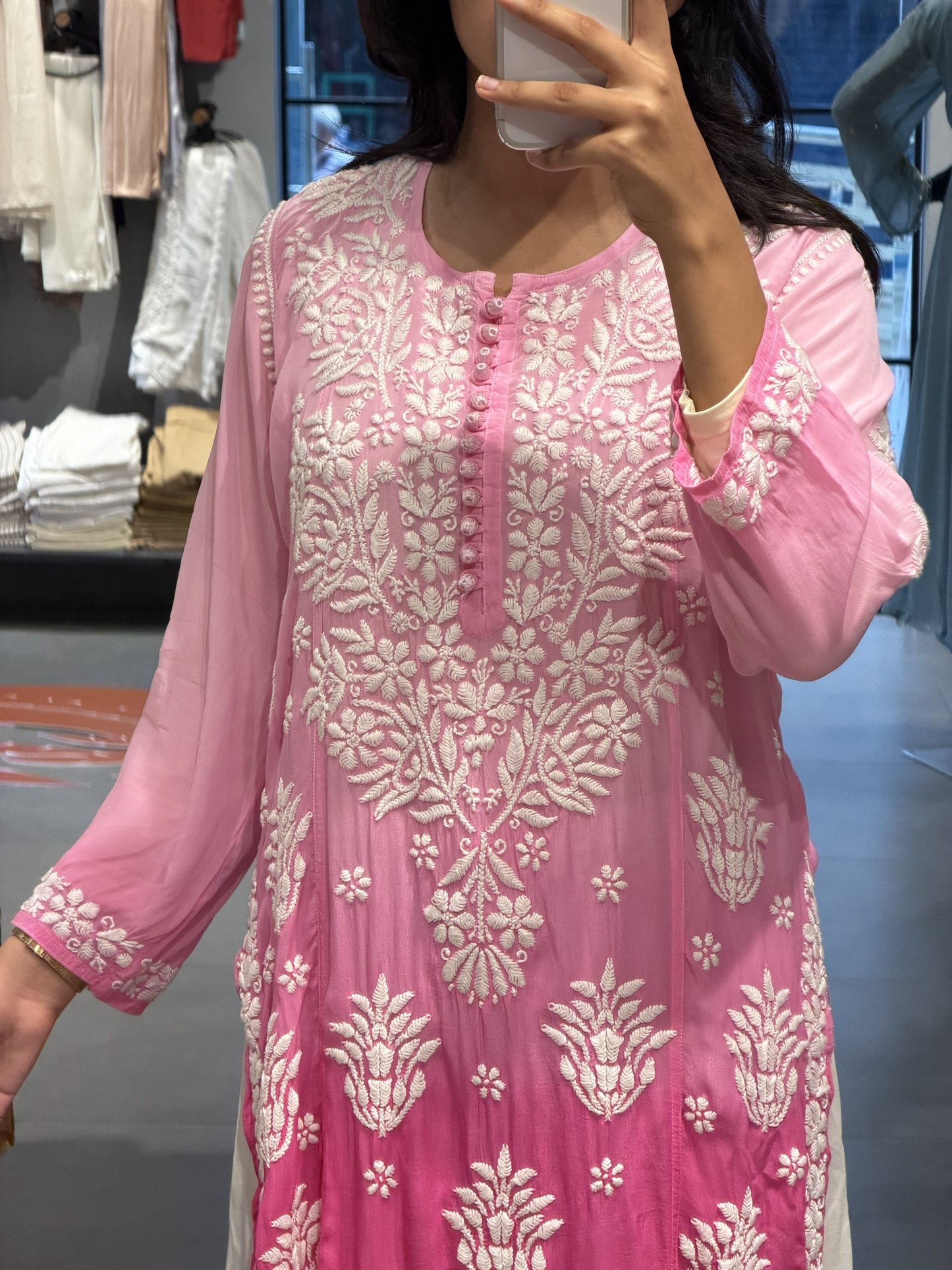 Pink Ombre Georgette Chikankari Kurti
