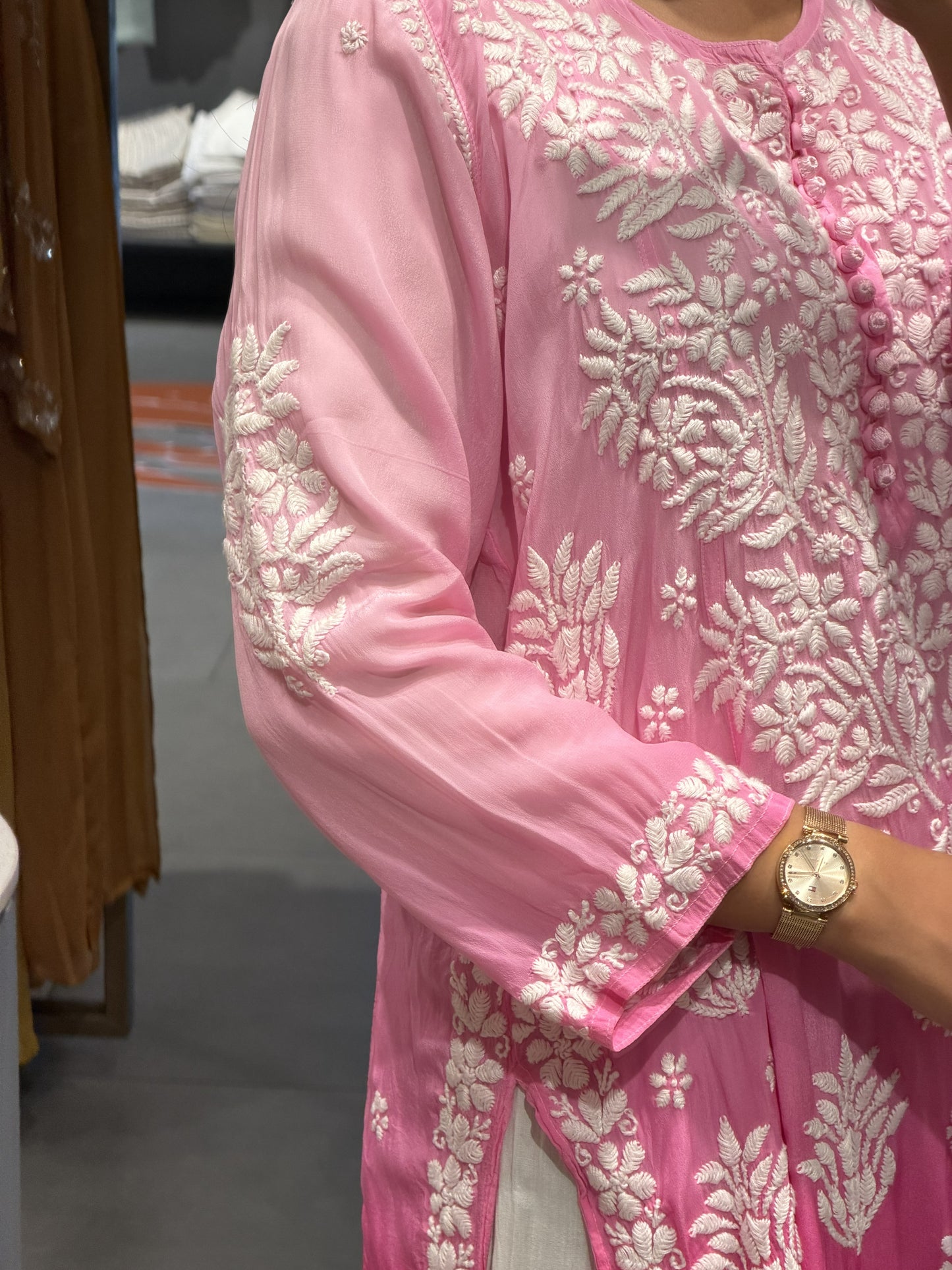 Pink Ombre Georgette Chikankari Kurti