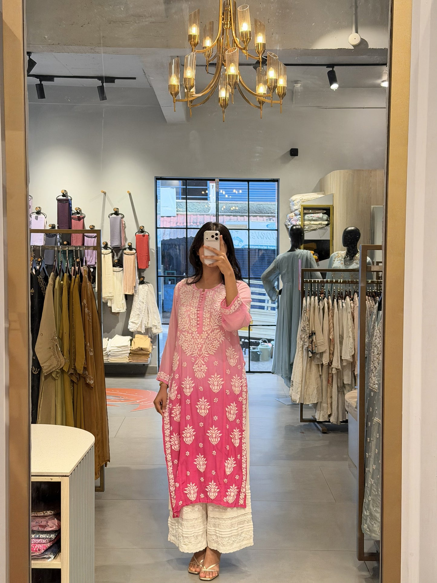 Pink Ombre Georgette Chikankari Kurti