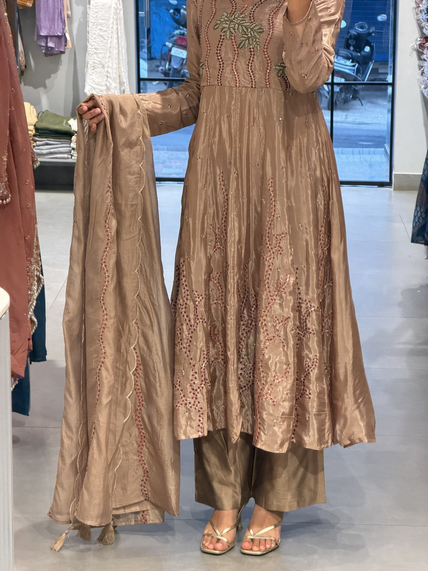 Mocha Brown Tissue Silk Anarkali Set