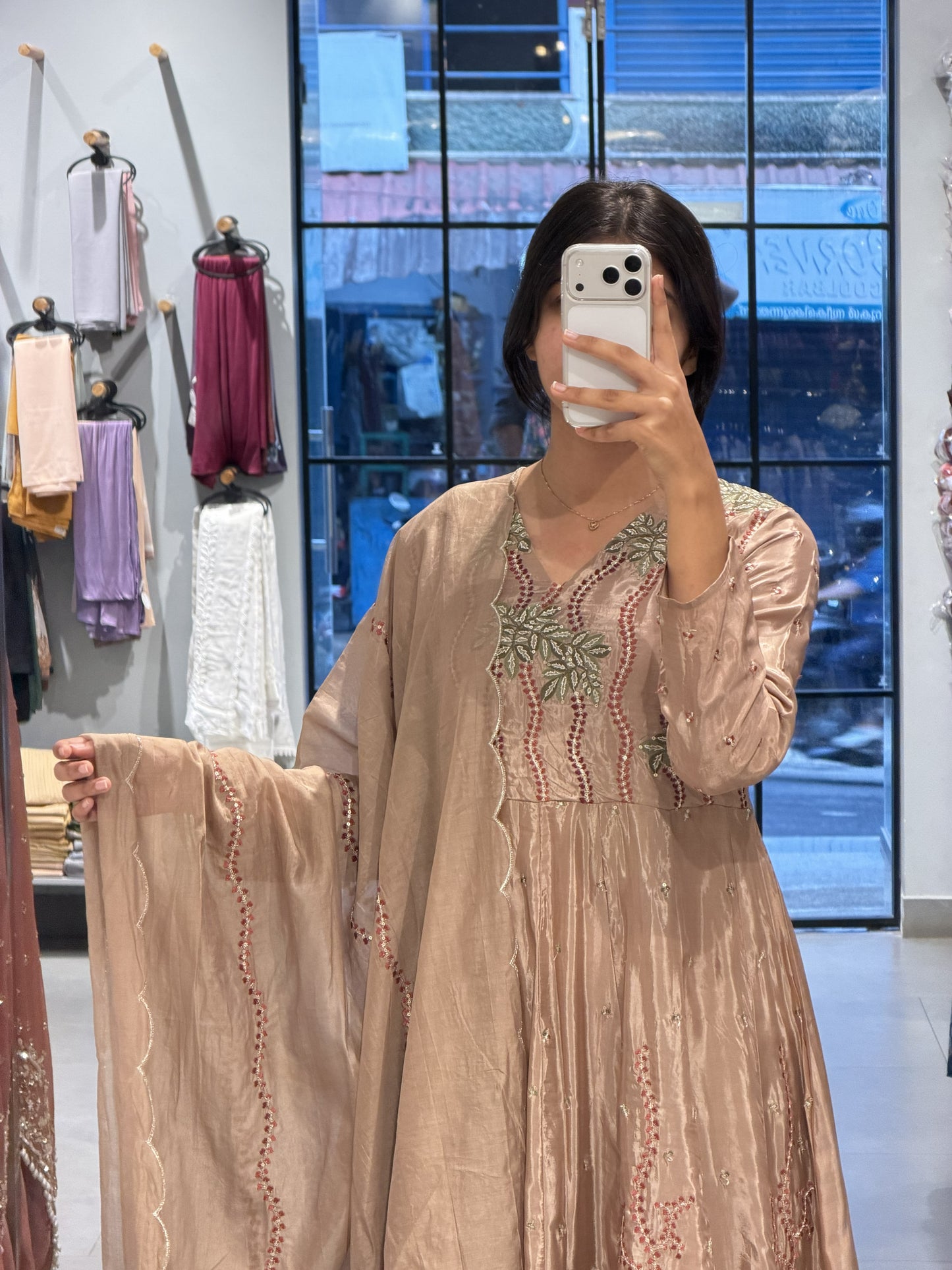 Mocha Brown Tissue Silk Anarkali Set