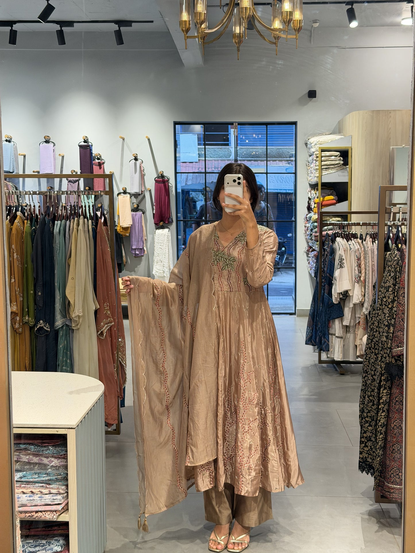 Mocha Brown Tissue Silk Anarkali Set