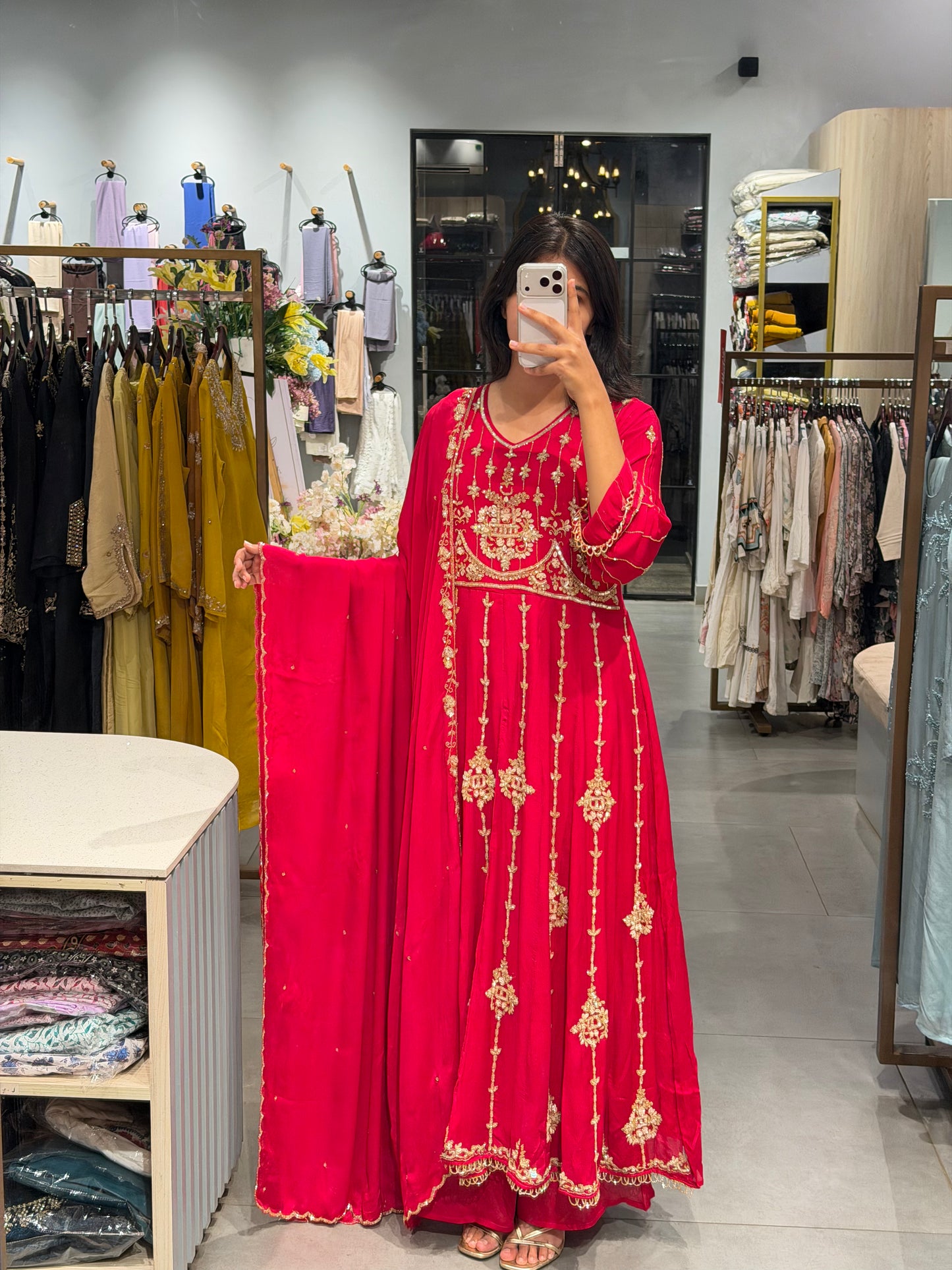 Bright Pink Chinnon Silk Anarkali