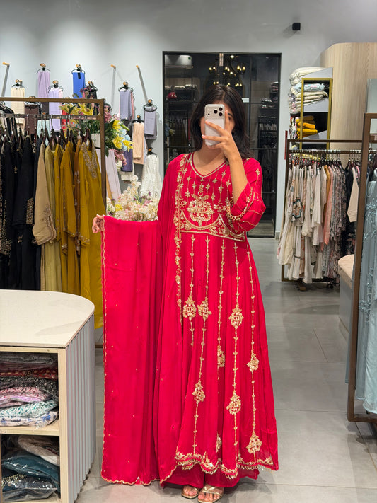 Bright Pink Chinnon Silk Anarkali