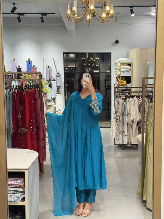 Embellished Teal Blue Chanderi Silk Kurta Set