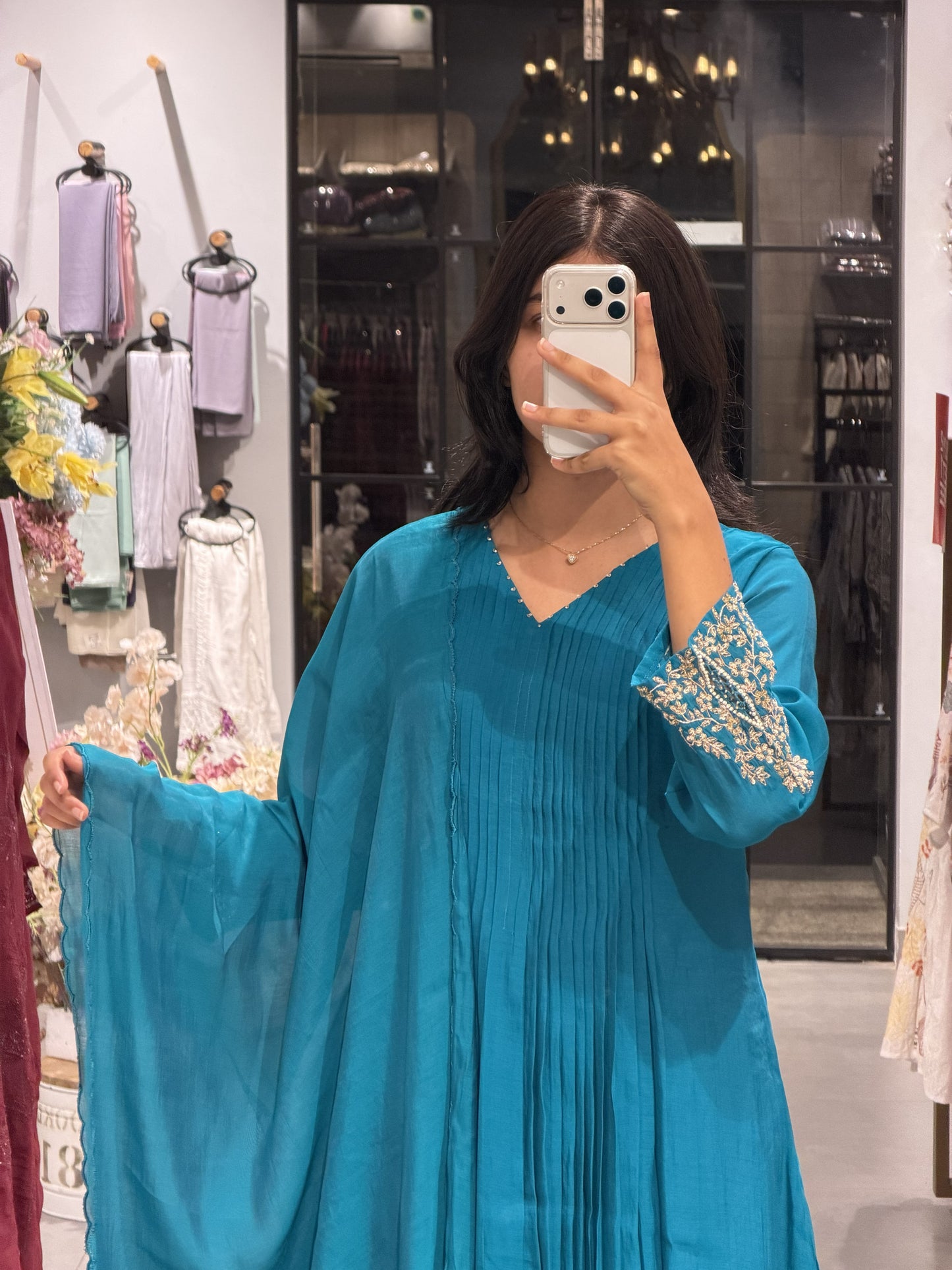 Embellished Teal Blue Chanderi Silk Kurta Set