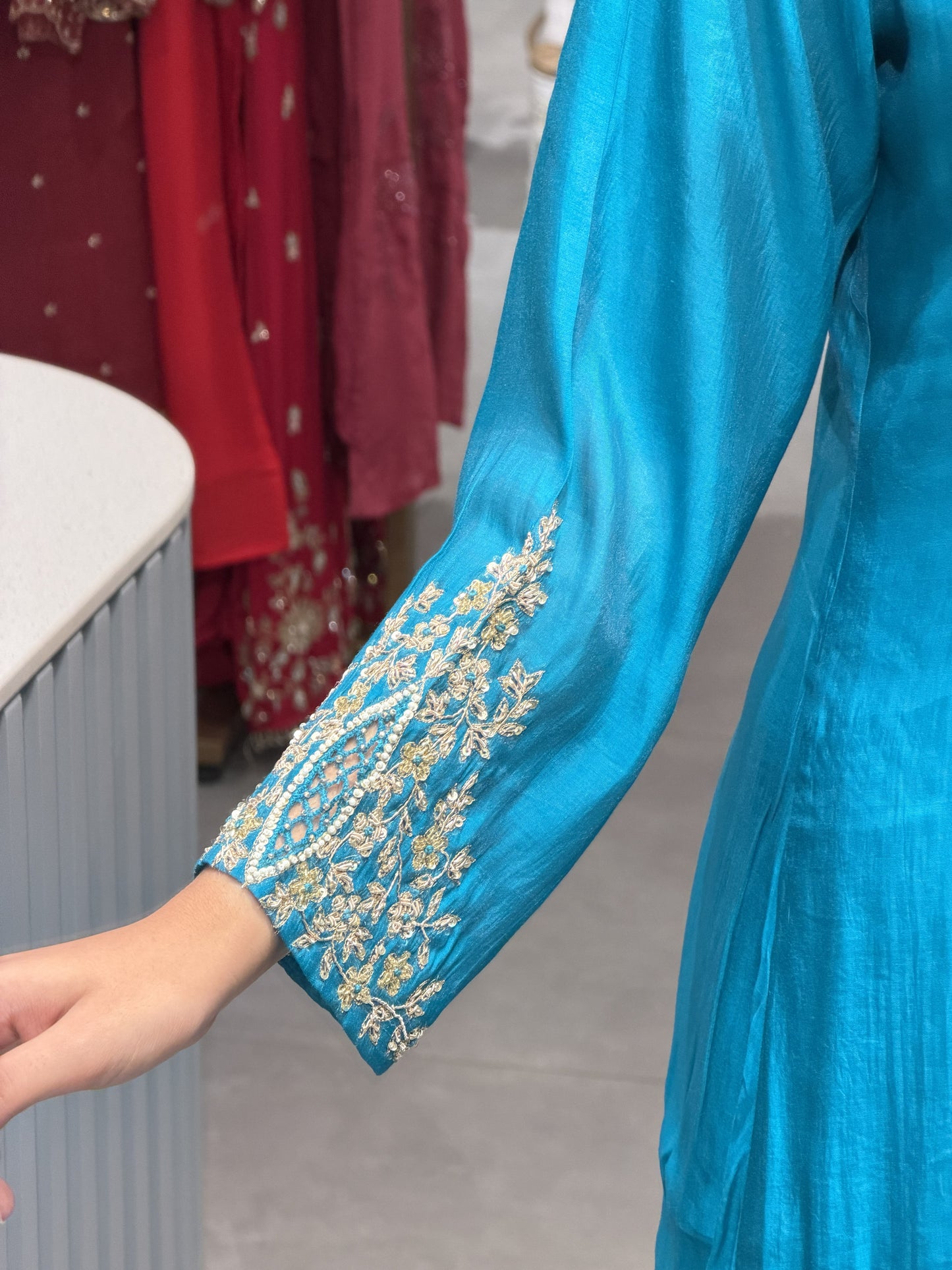 Embellished Teal Blue Chanderi Silk Kurta Set
