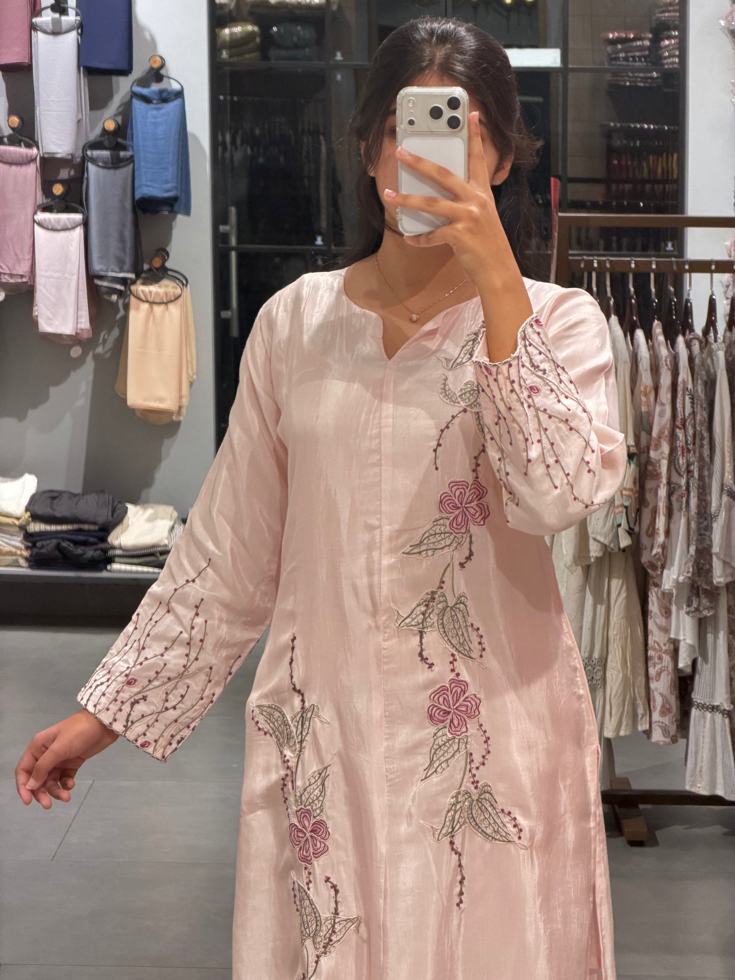 Light Peach Chanderi Floral Embroidered Set
